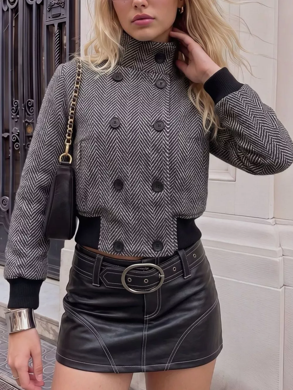 Herringbone Double-Breasted Cropped Outerwear