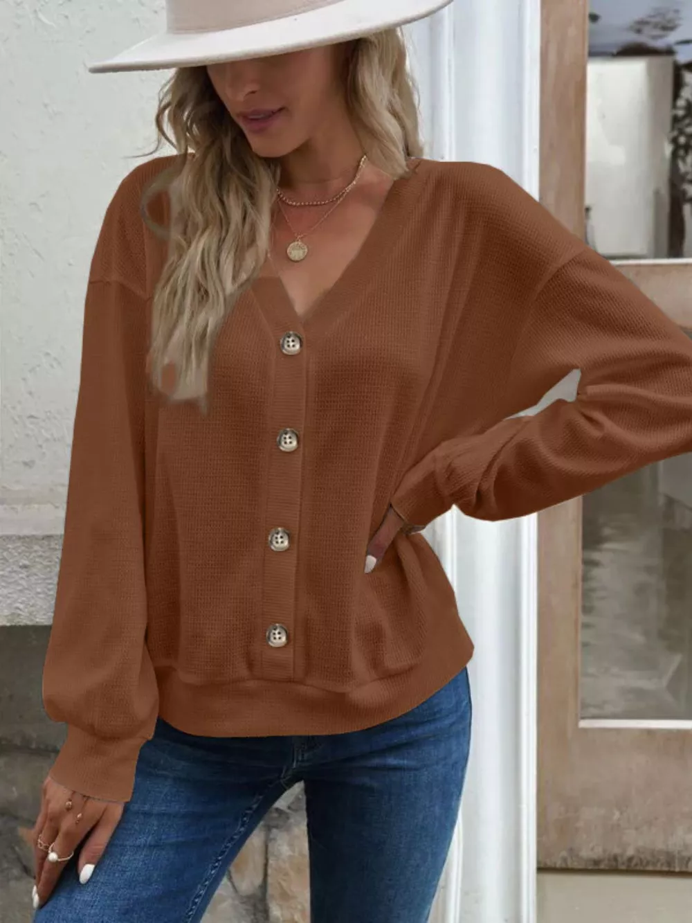 Casual V-Neck Waffle Long Sleeve Top, image 13
