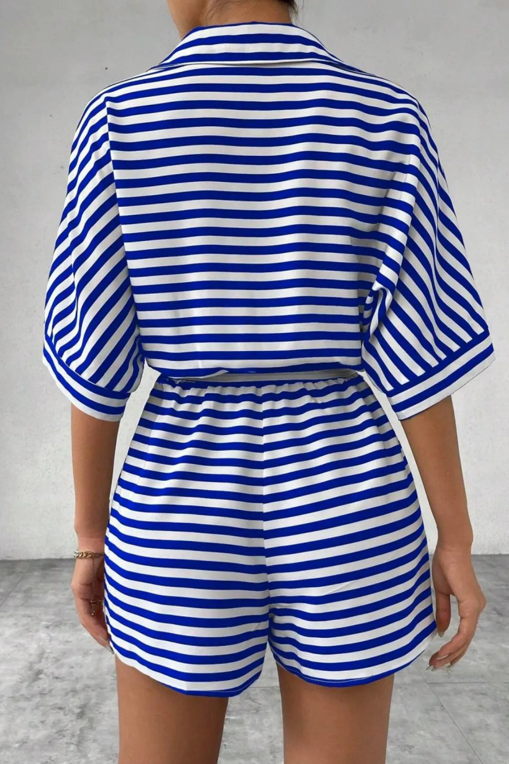 Striped Collared Neck Tie Waist Romper, image 9