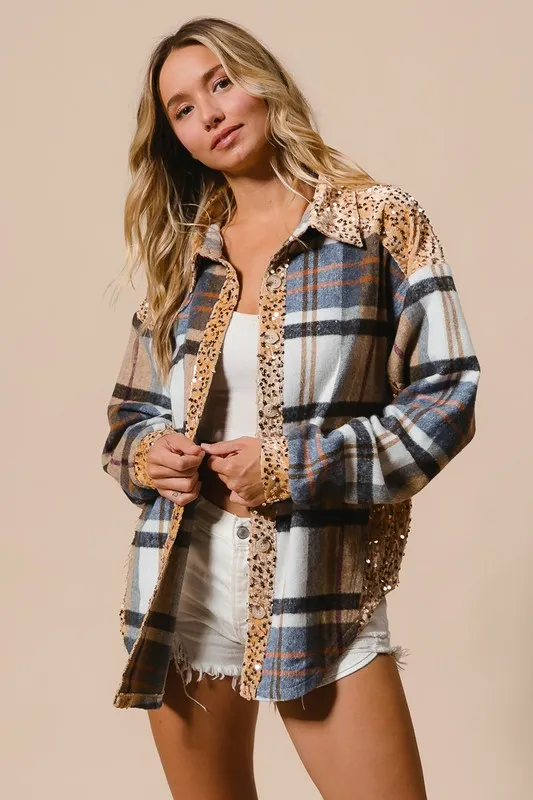 Curved Hem Sequin Plaid Button Up Shacket, image 3
