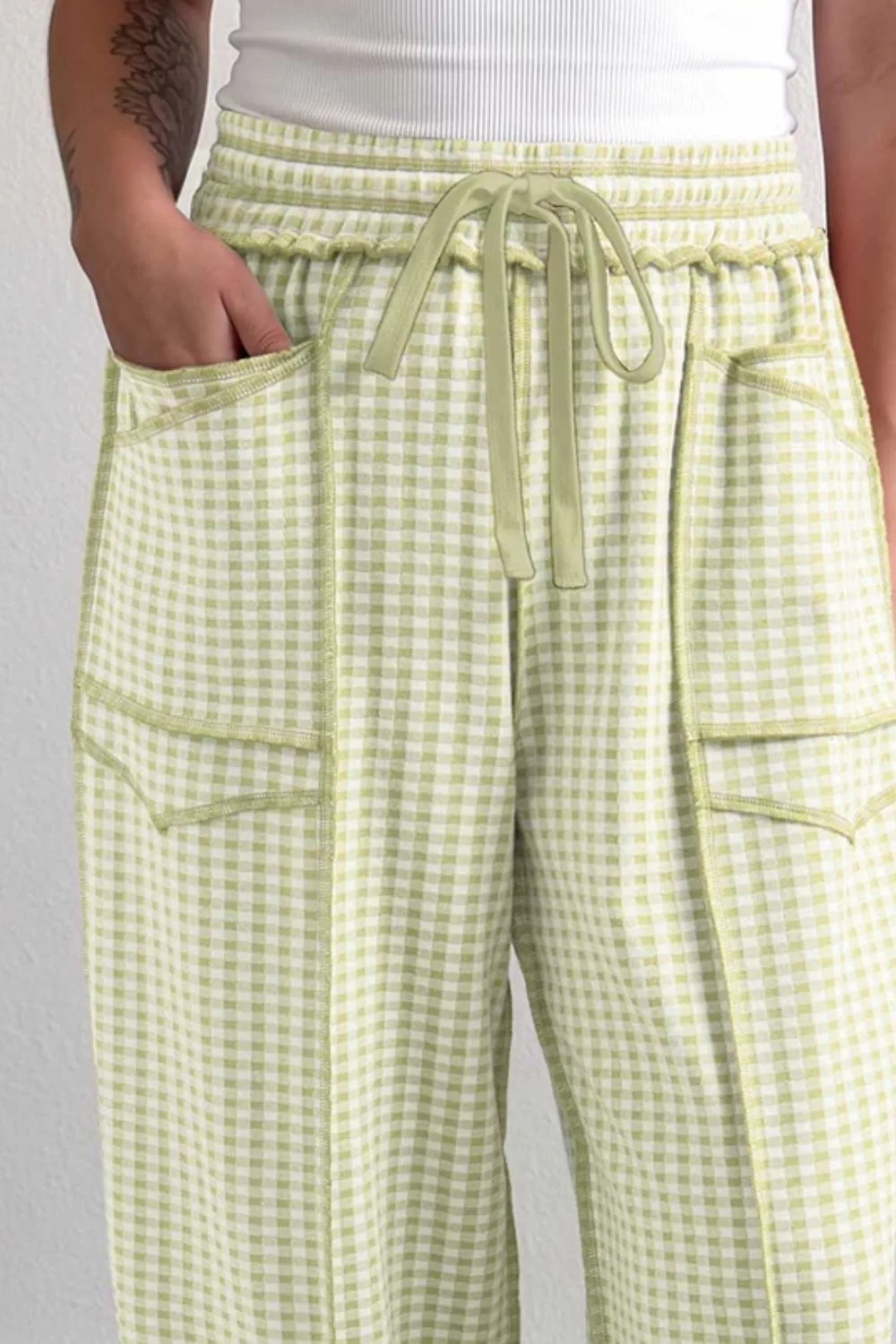 Gingham High-Waisted Drawstring Wide-Leg Pants, image 6