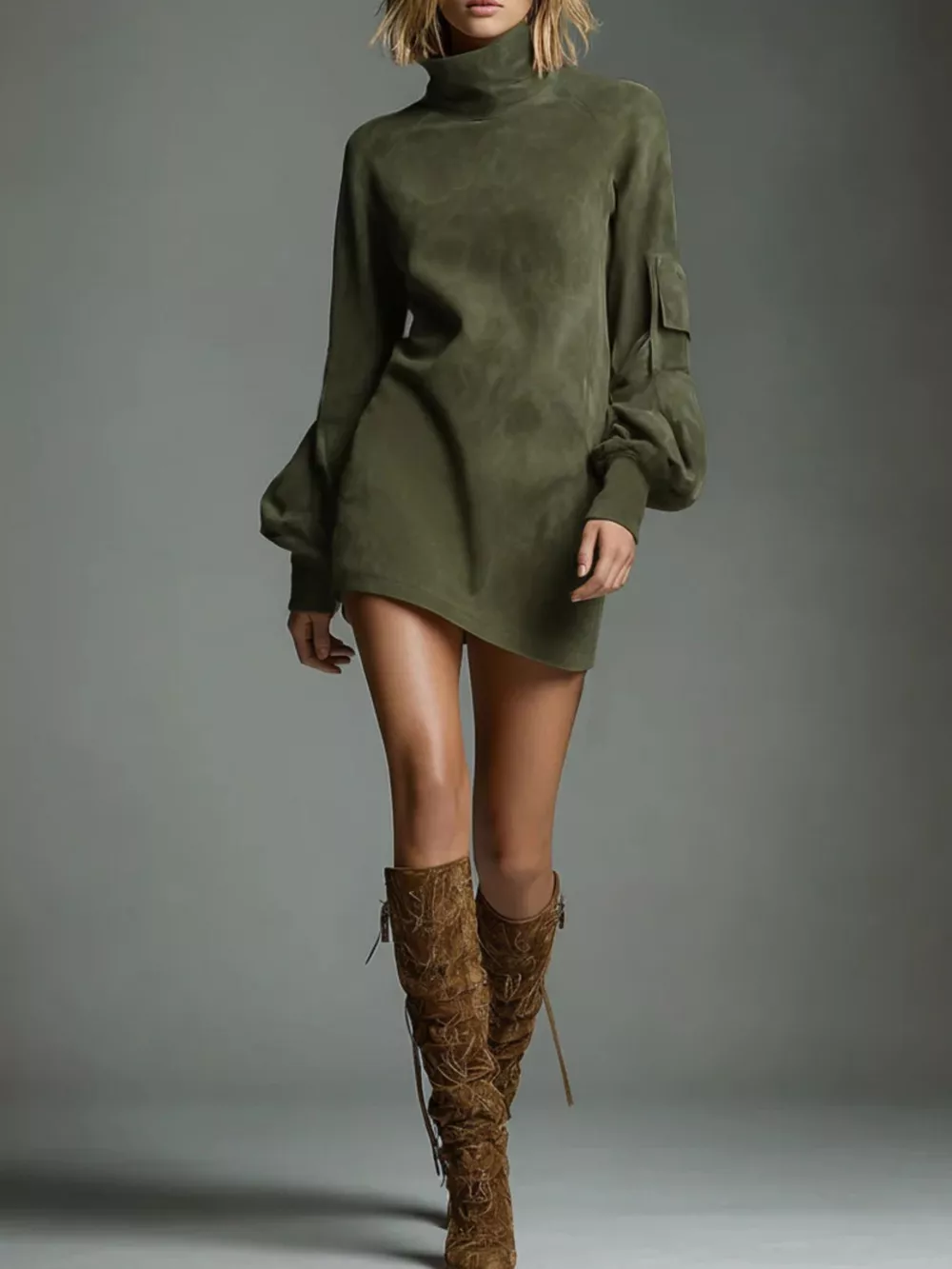Turtleneck Lantern Sleeve Mini Dress with Pockets