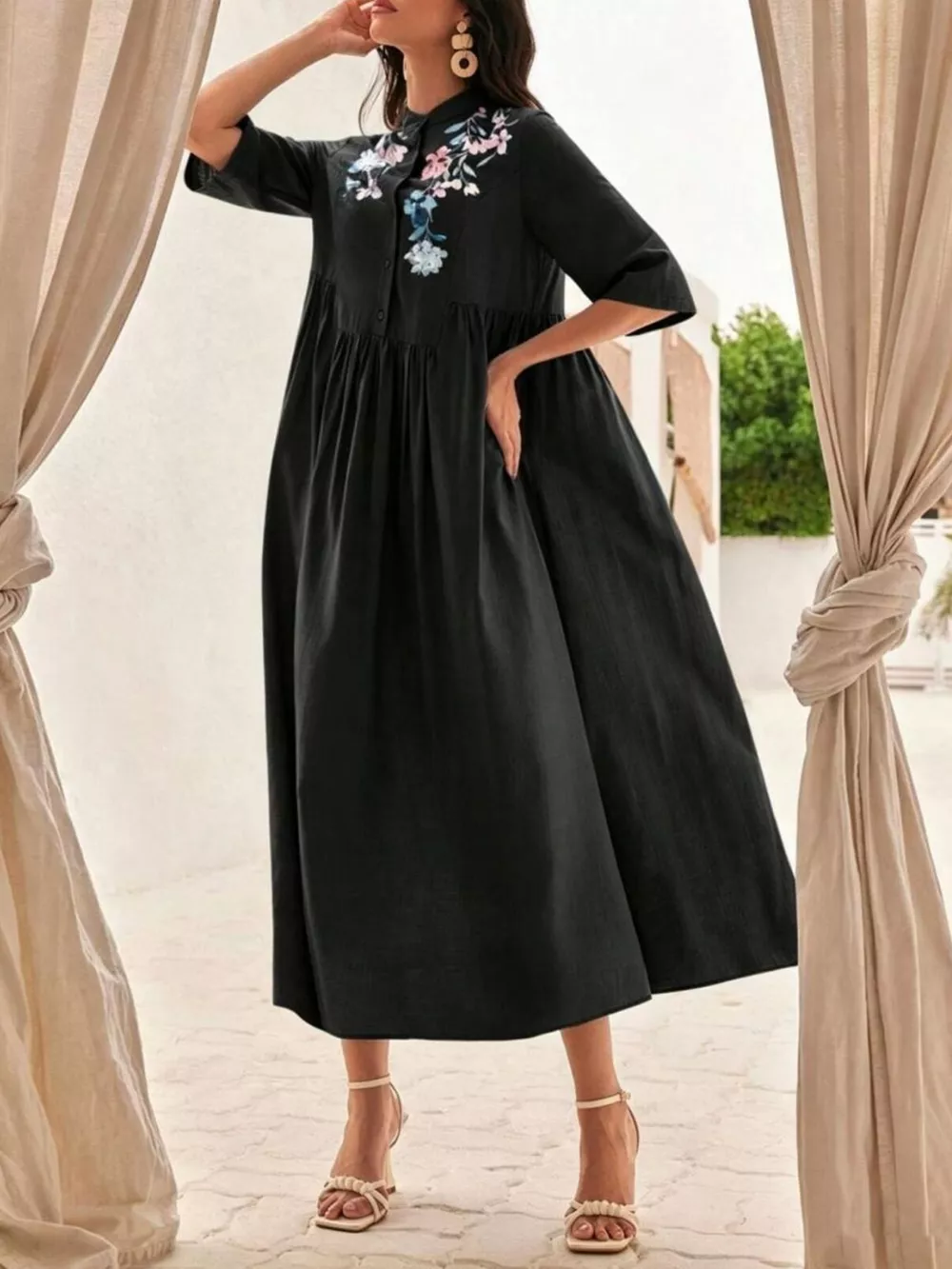 Floral Embroidered Casual Midi Dress, image 2