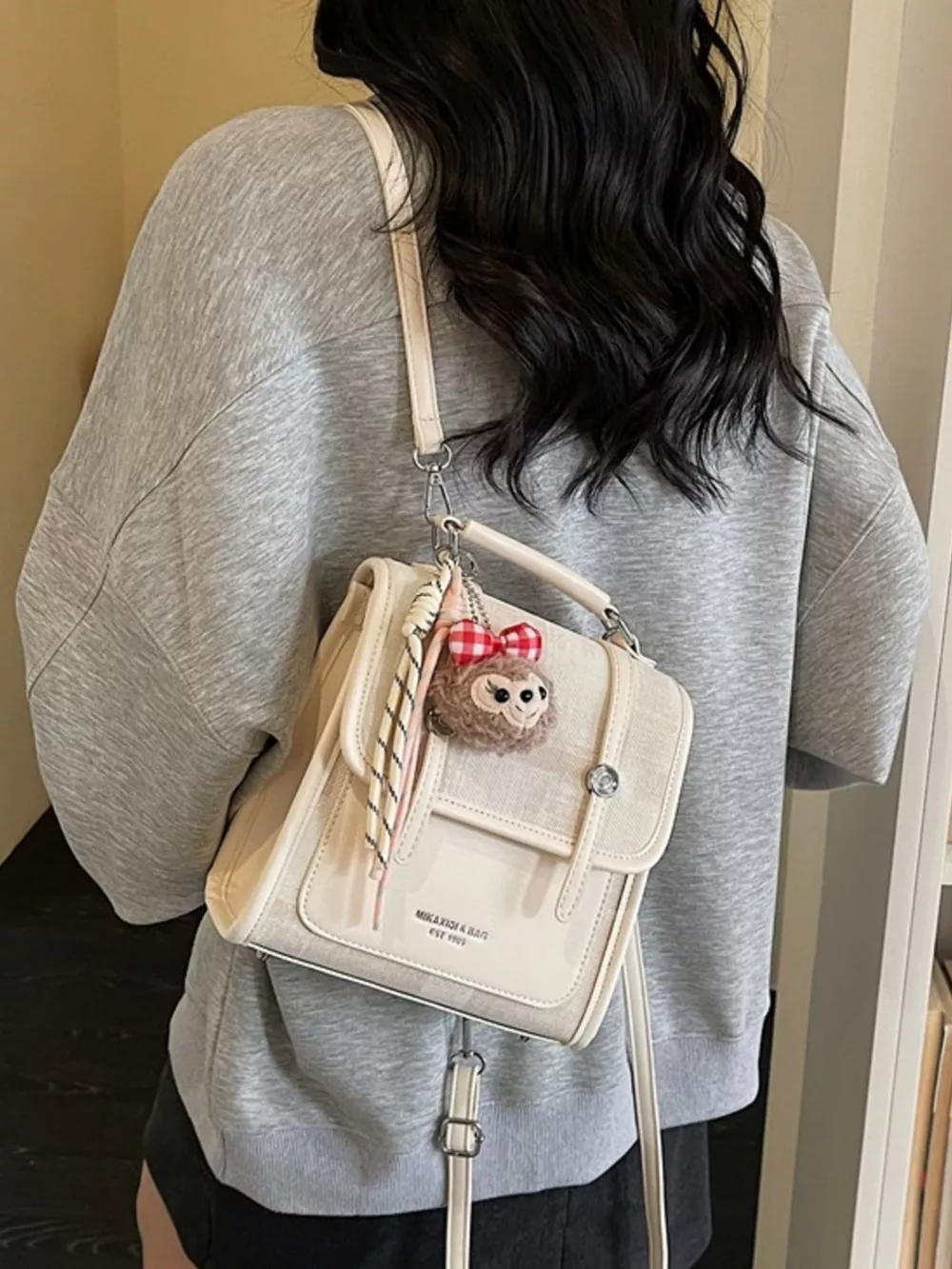 Flap Backpack Bag with Plush Charm, image 5