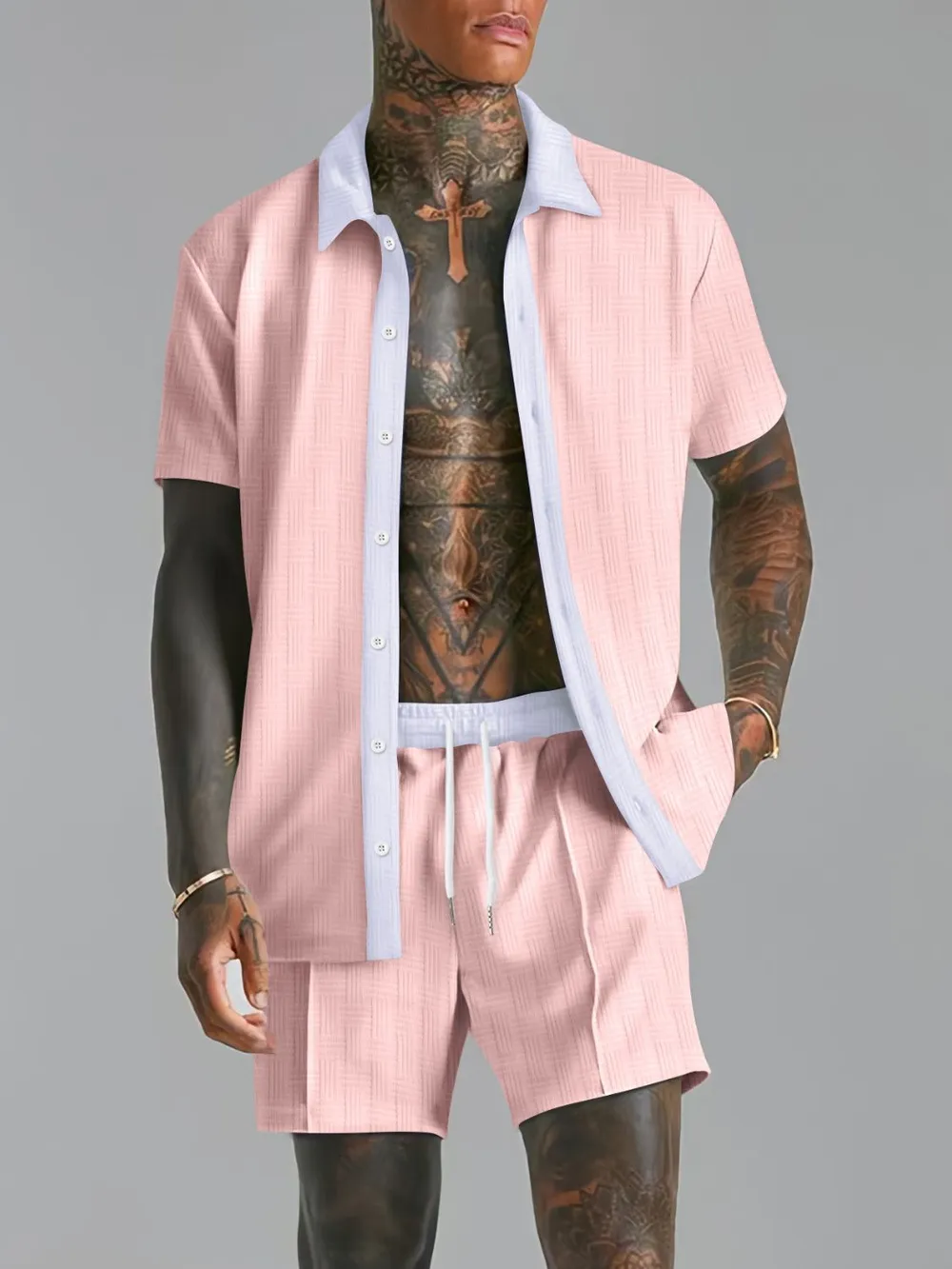 Men's Full Size Collared Neck Short Sleeve Top and Shorts Set Plus Size