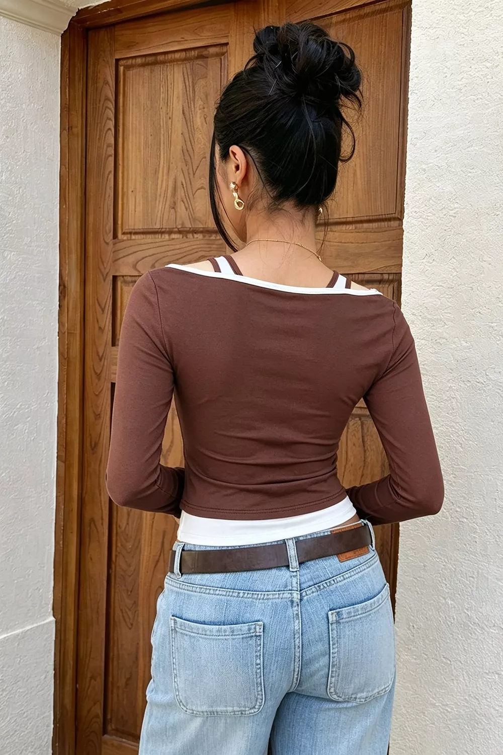 Color-Block Cutout Long Sleeve Slim Fit Top, image 6