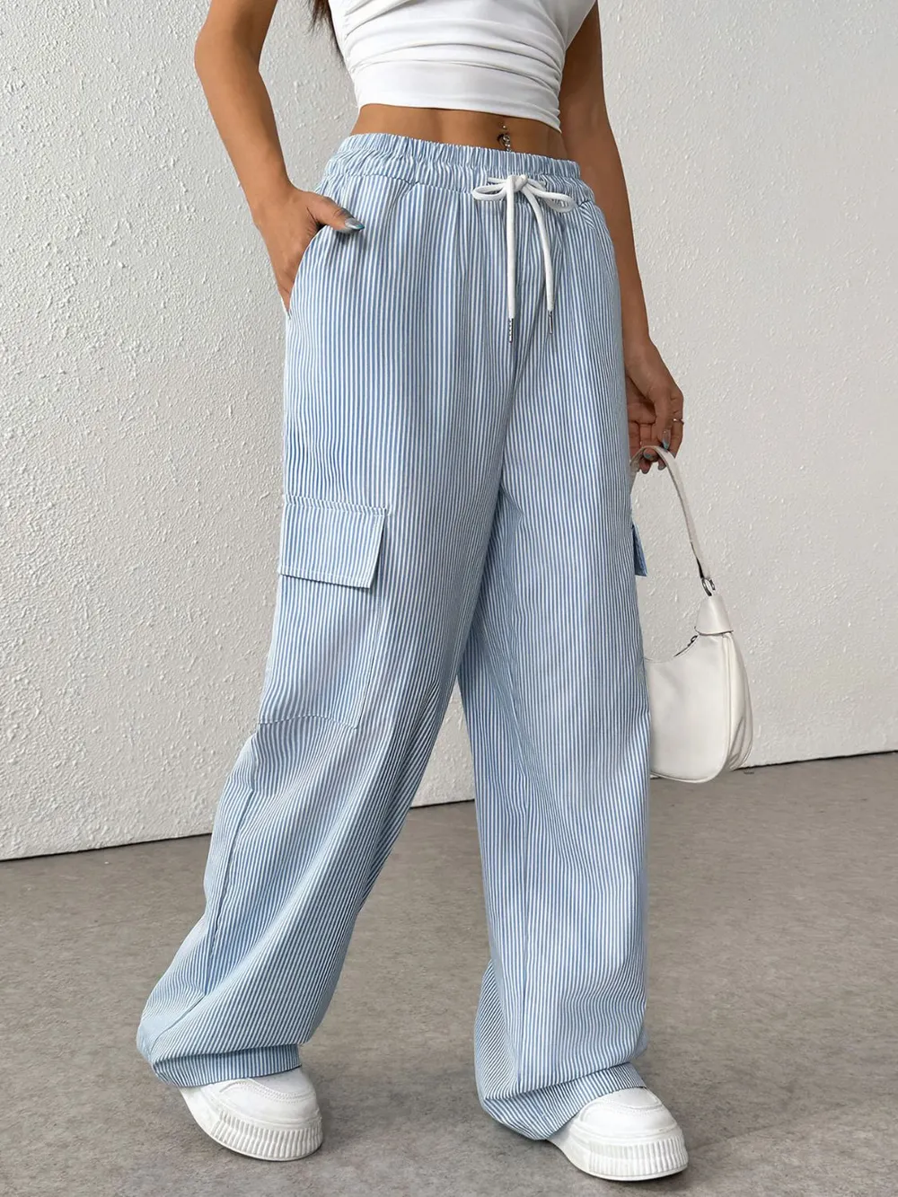 Drawstring Striped Wide Leg Cargo Pants, image 4