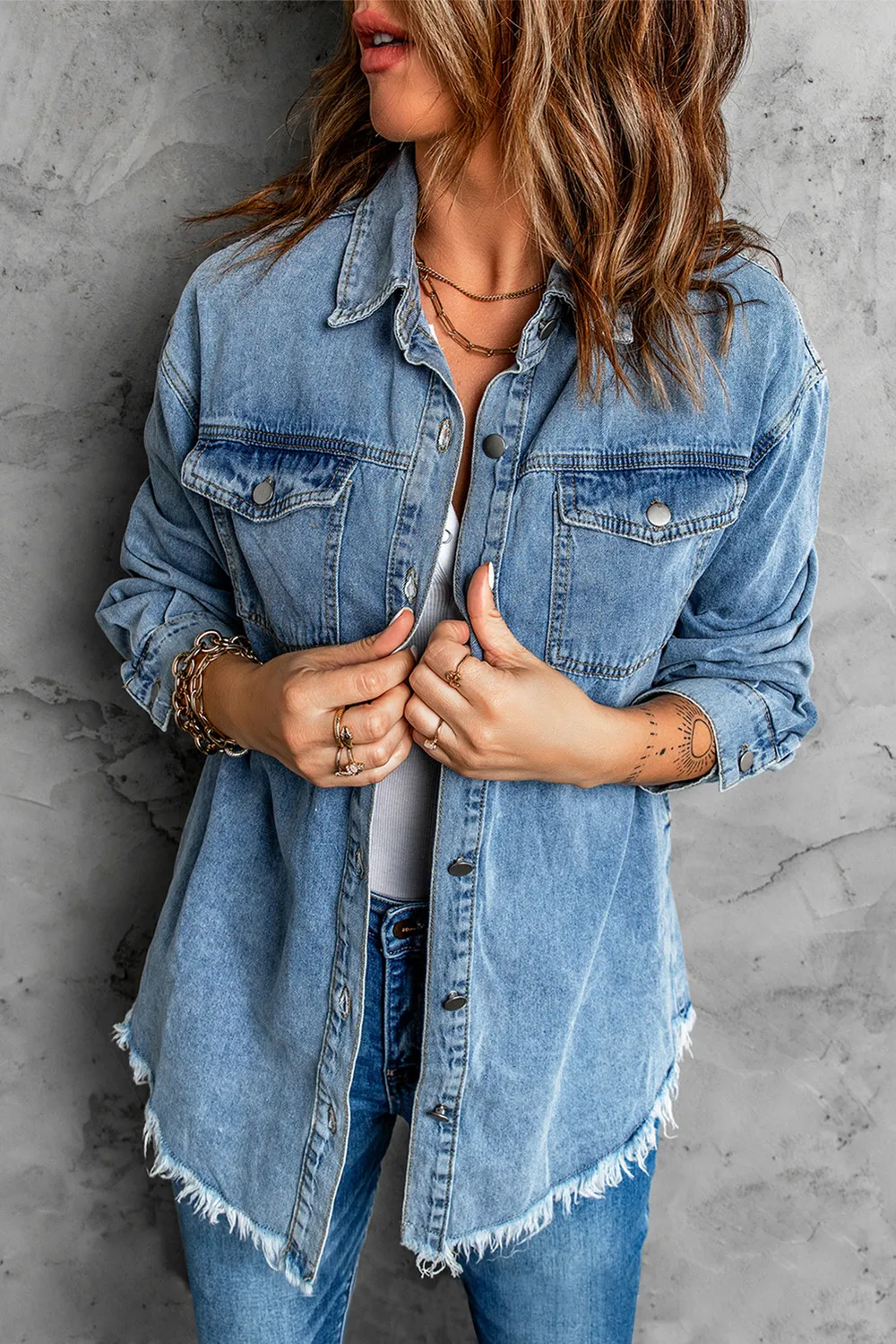 Button Up Pocketed Raw Hem Denim Jacket, image 7