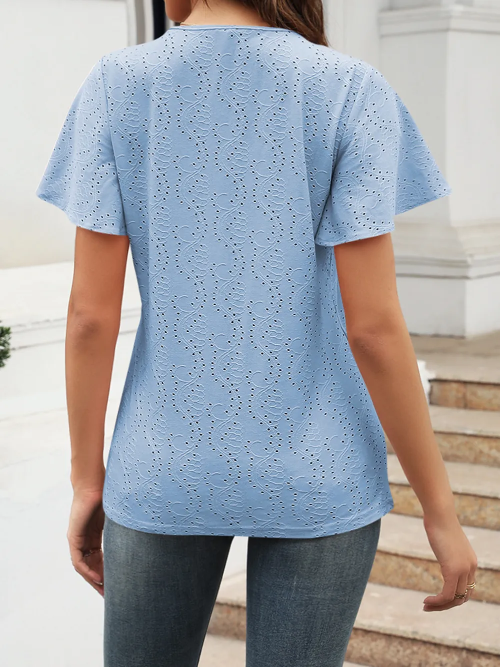 Eyelet V-Neck Short Sleeve Blouse, image 5