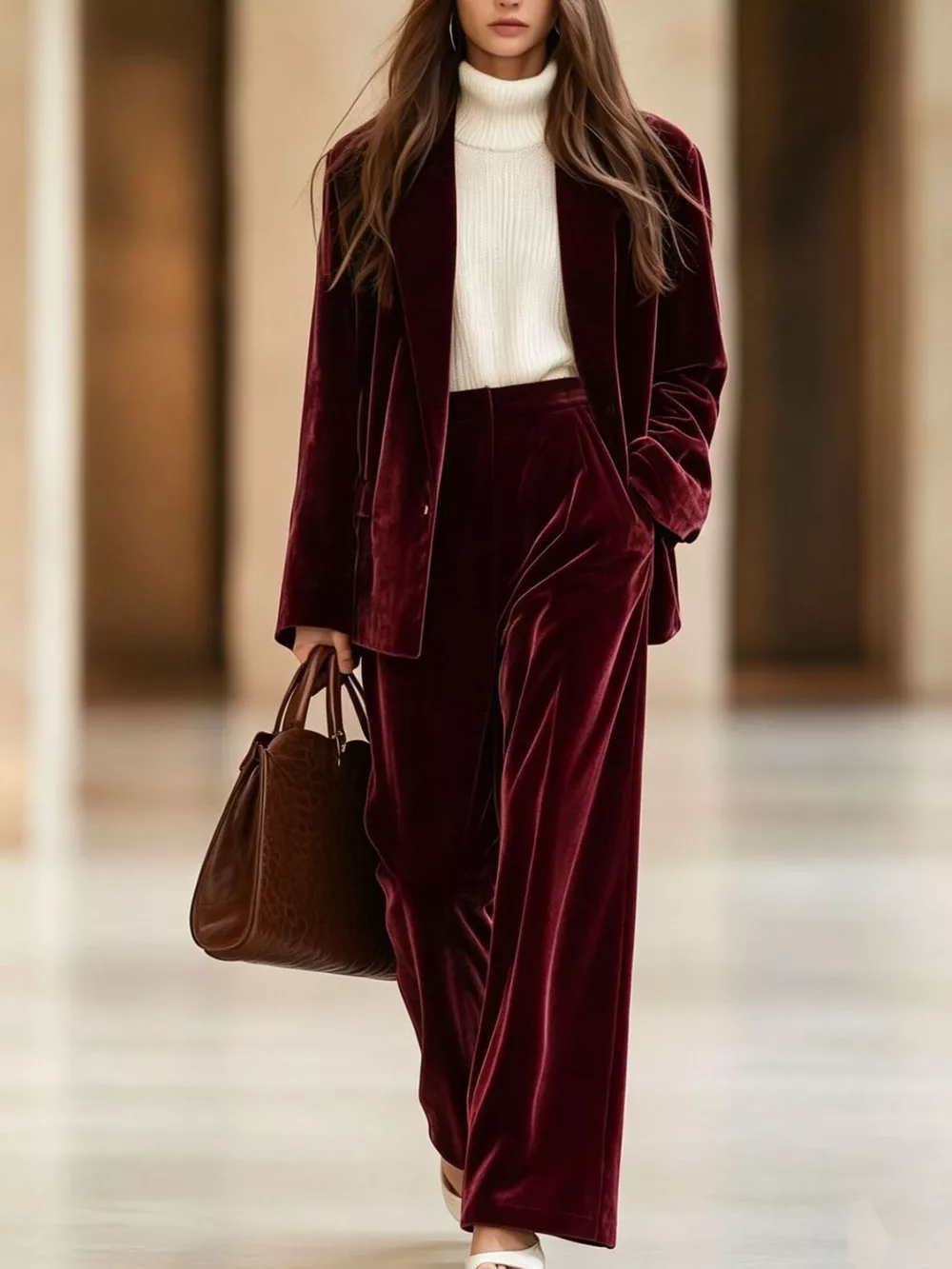 Velvet Blazer and Wide-Leg Pants Two-Piece Set, image 13