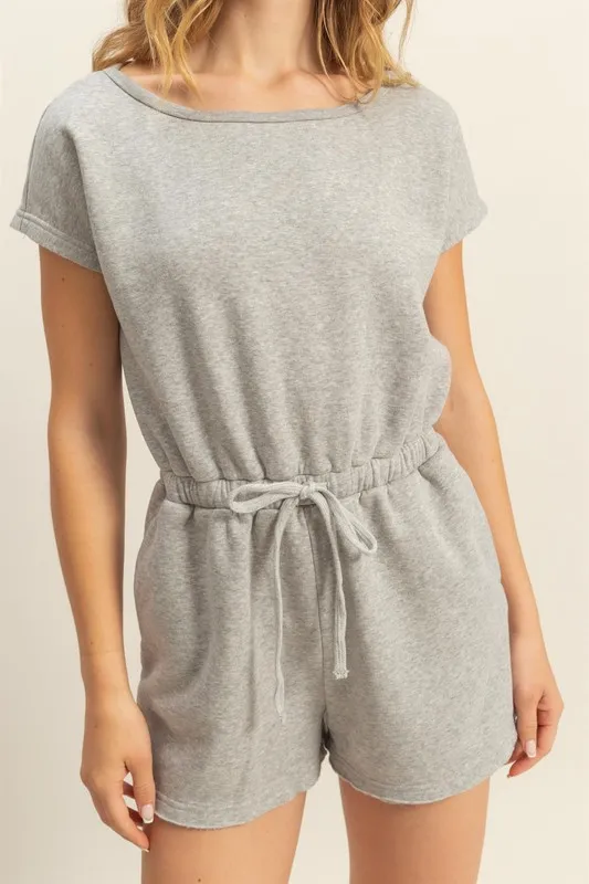 Round Neck Short Sleeve Drawstring Waist Romper, image 3