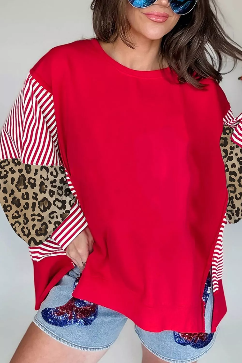 Leopard and Striped Patchwork Sleeves Sweatshirt, image 2