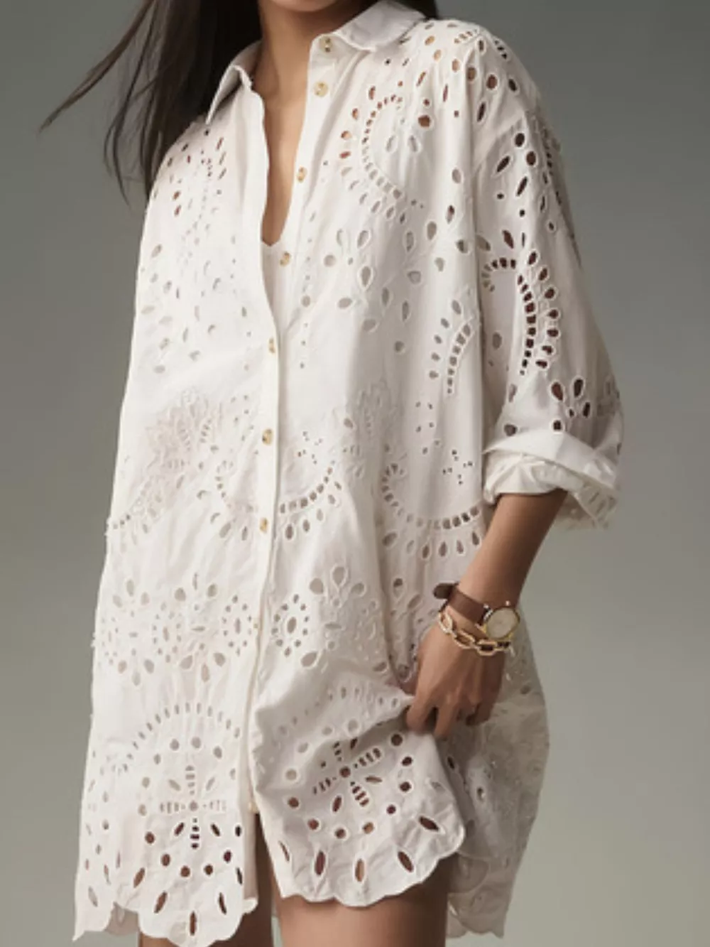 Eyelet Button Up Longline Shirt, image 2