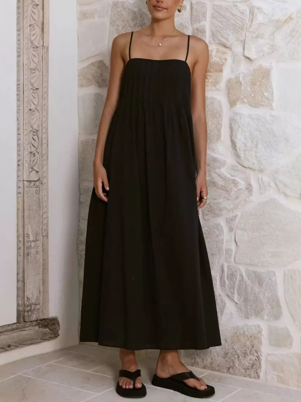 Pleated Bodice Midi Cami Dress