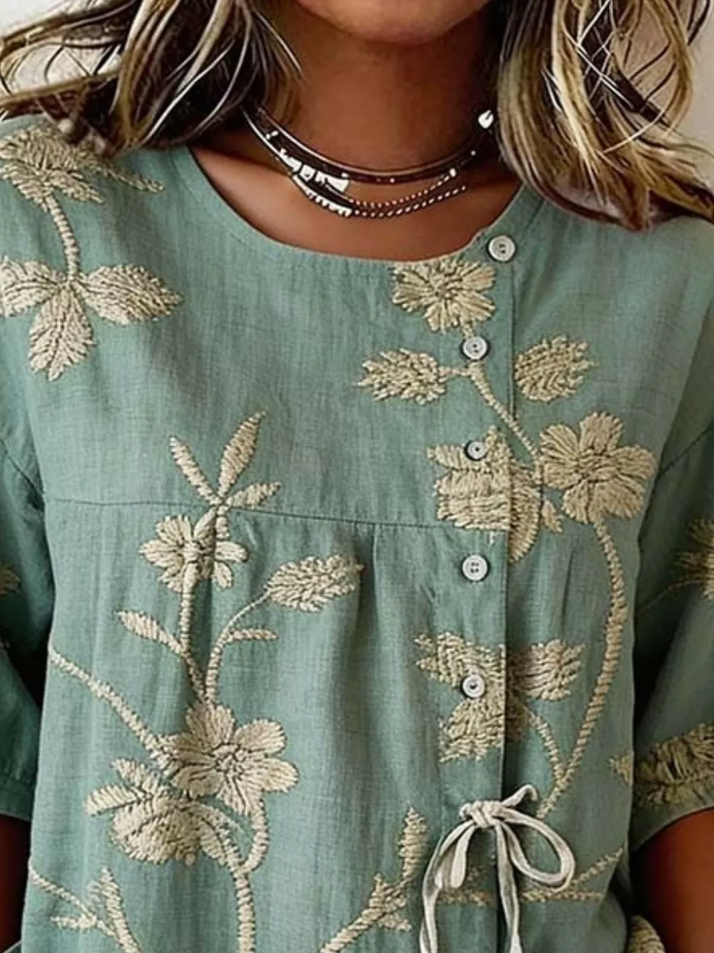 Full Size Embroidered Floral Tie Front Shirt Plus Size, image 2