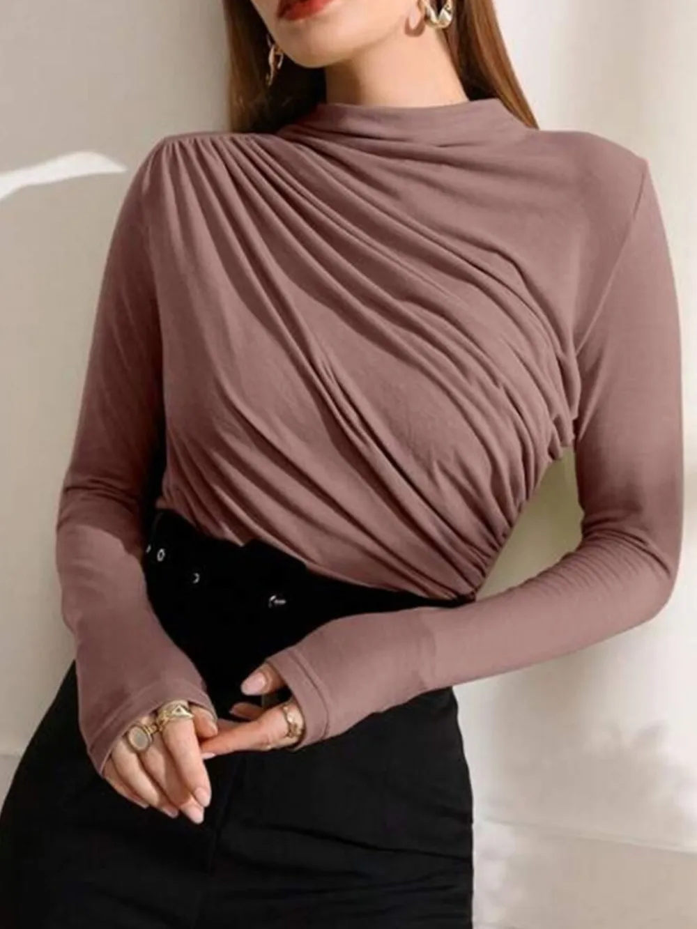 Mock Neck Ruched Long Sleeve T-Shirt, image 17