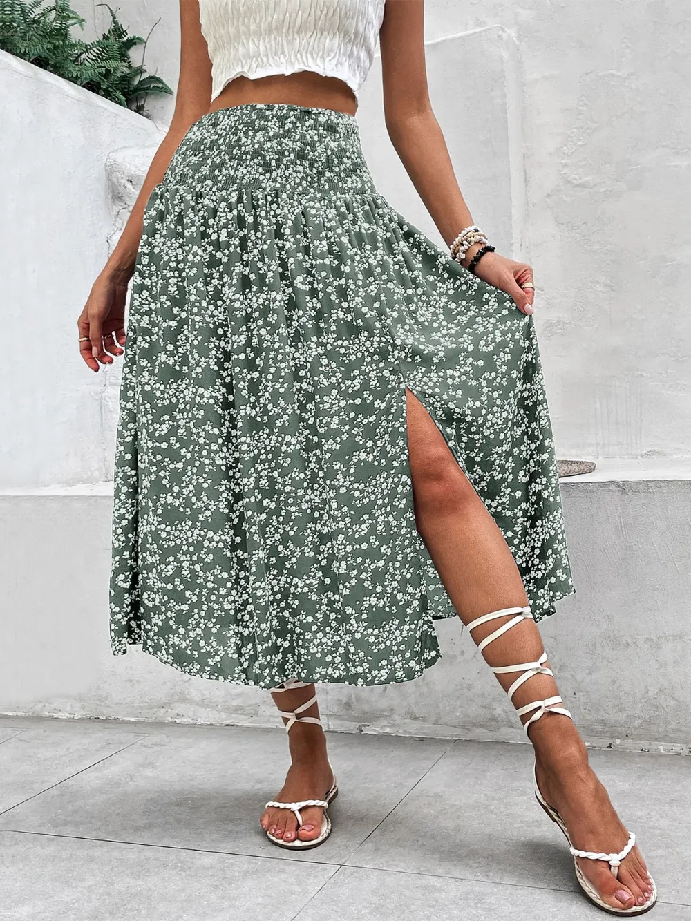 Slit Smocked Printed Skirt, image 6