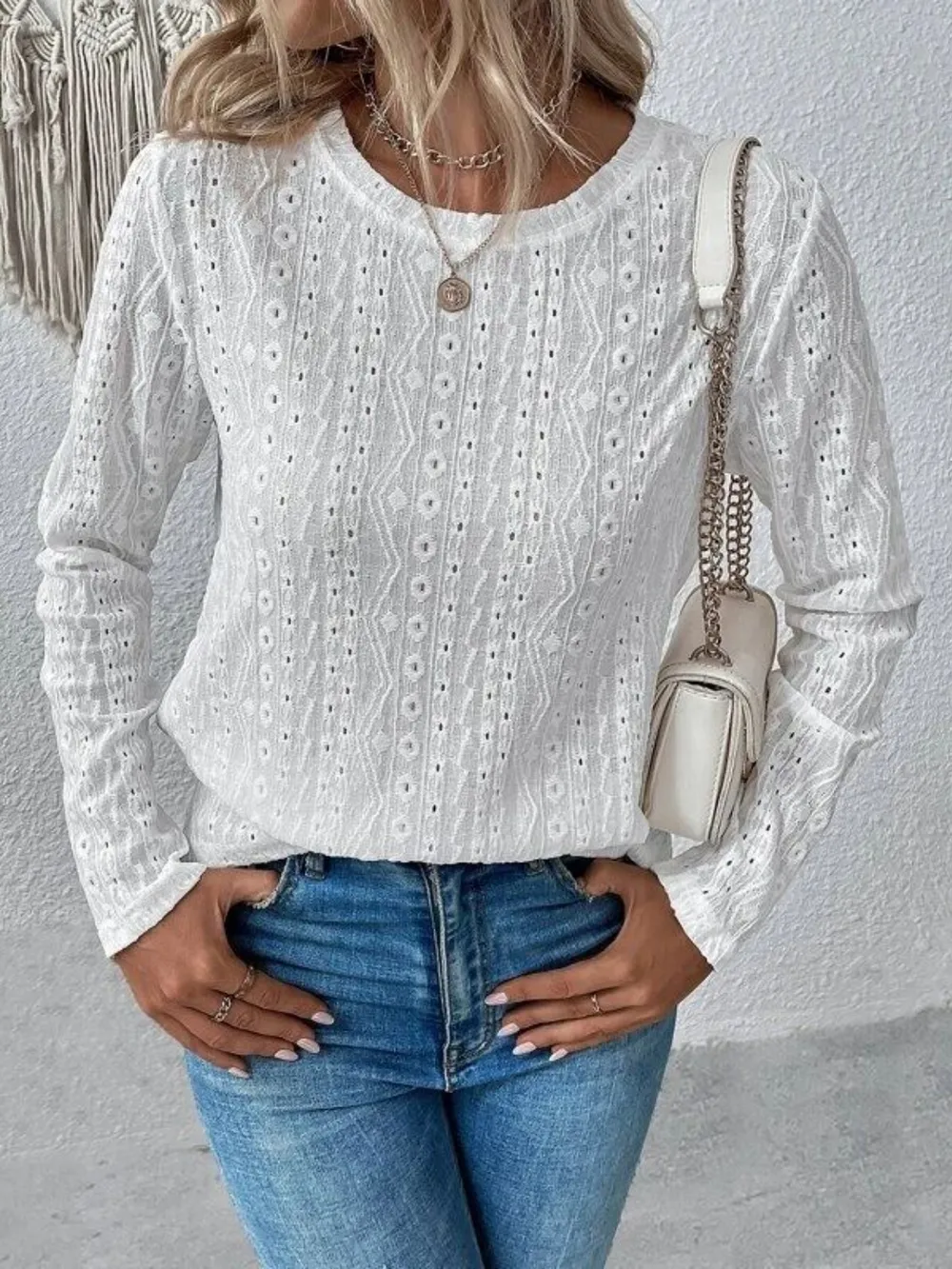 Eyelet Round Neck Long Sleeve Blouse, image 5