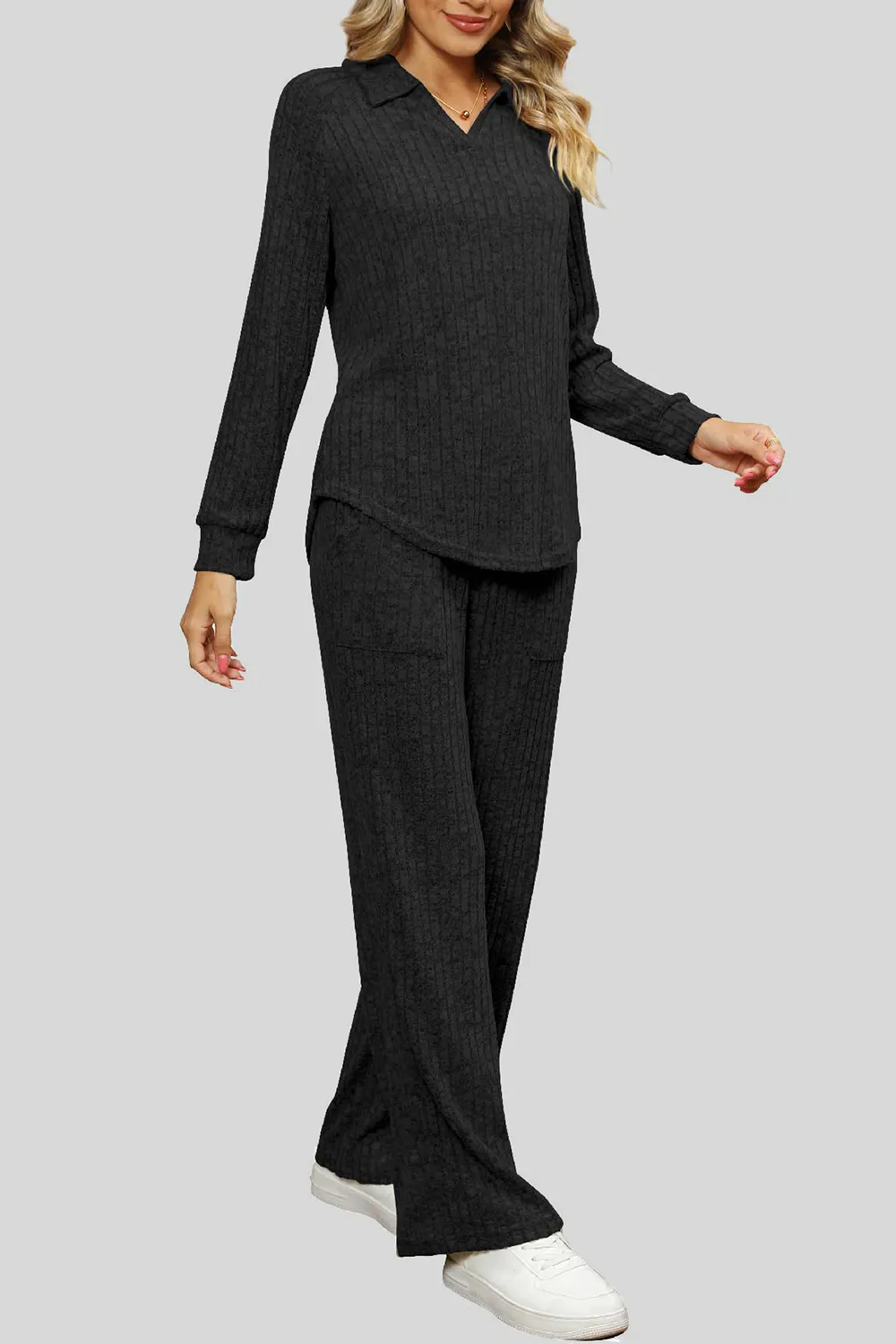 Ribbed Long Sleeve Top and Pocketed Pants Set, image 7