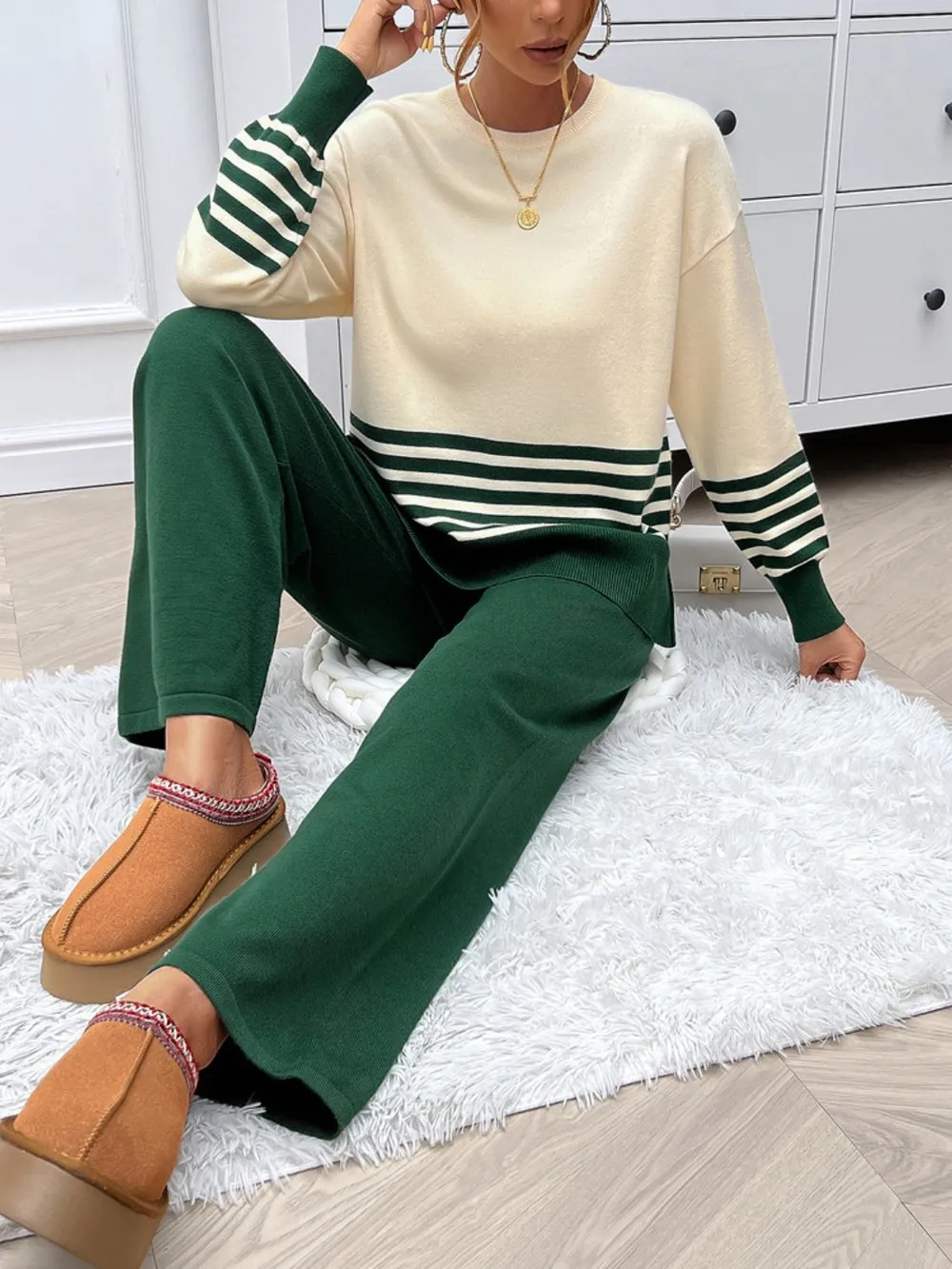 Slit Striped Round Neck Top and Pants Sweater Set, image 6