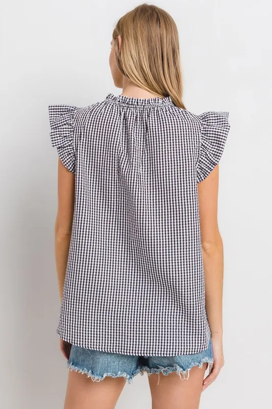 Ces Femme Plaid Notched Ruffled Cap Sleeve Blouse, image 5