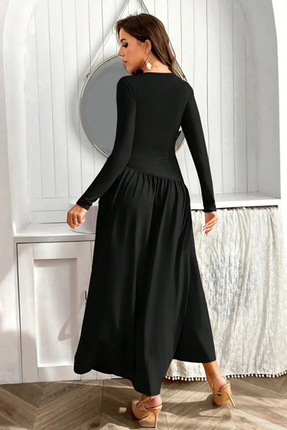 Ruched Round Neck Long Sleeve Dress, image 5