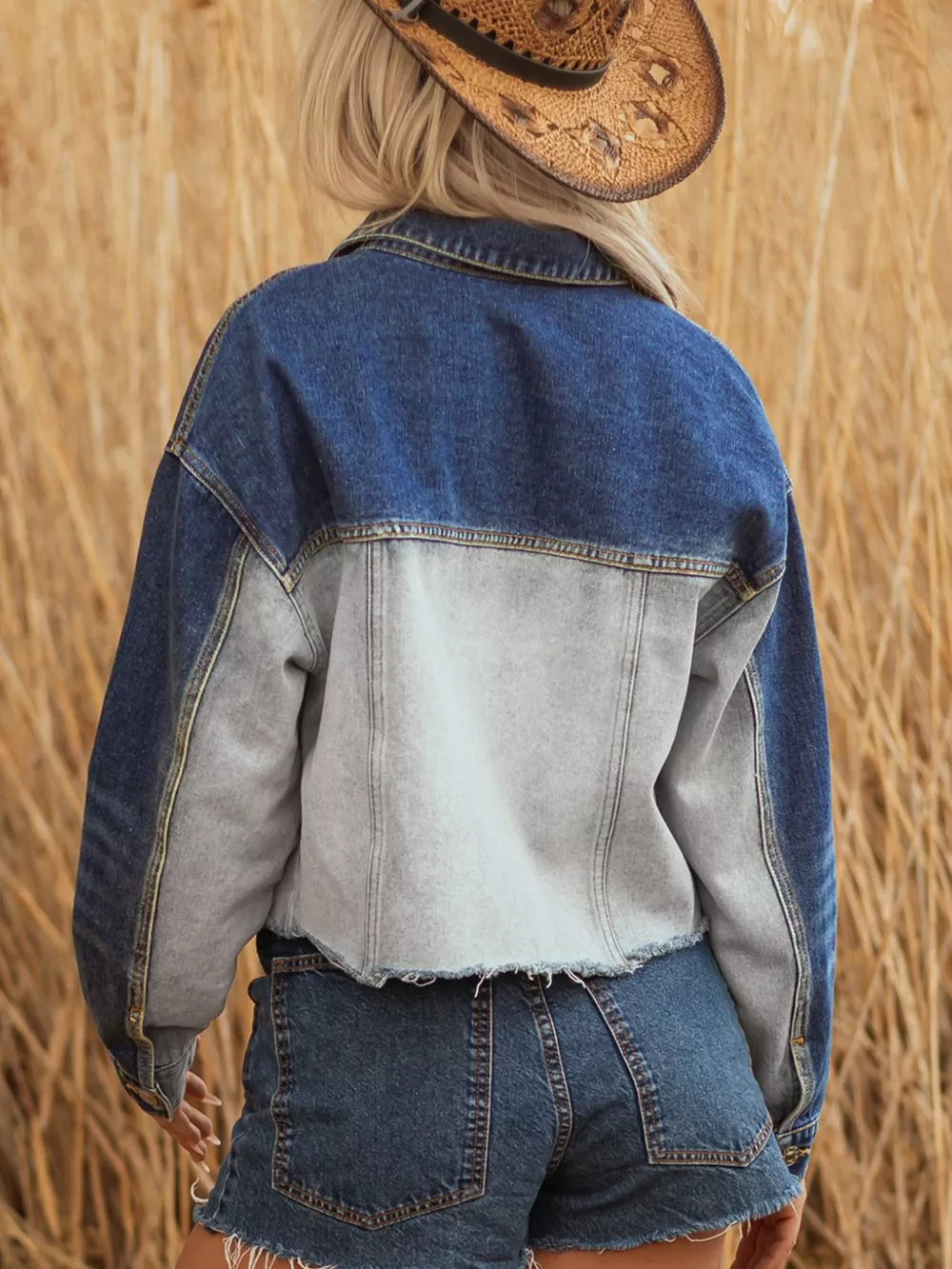 Color Block Patchwork Raw Hem Denim Jacket, image 3
