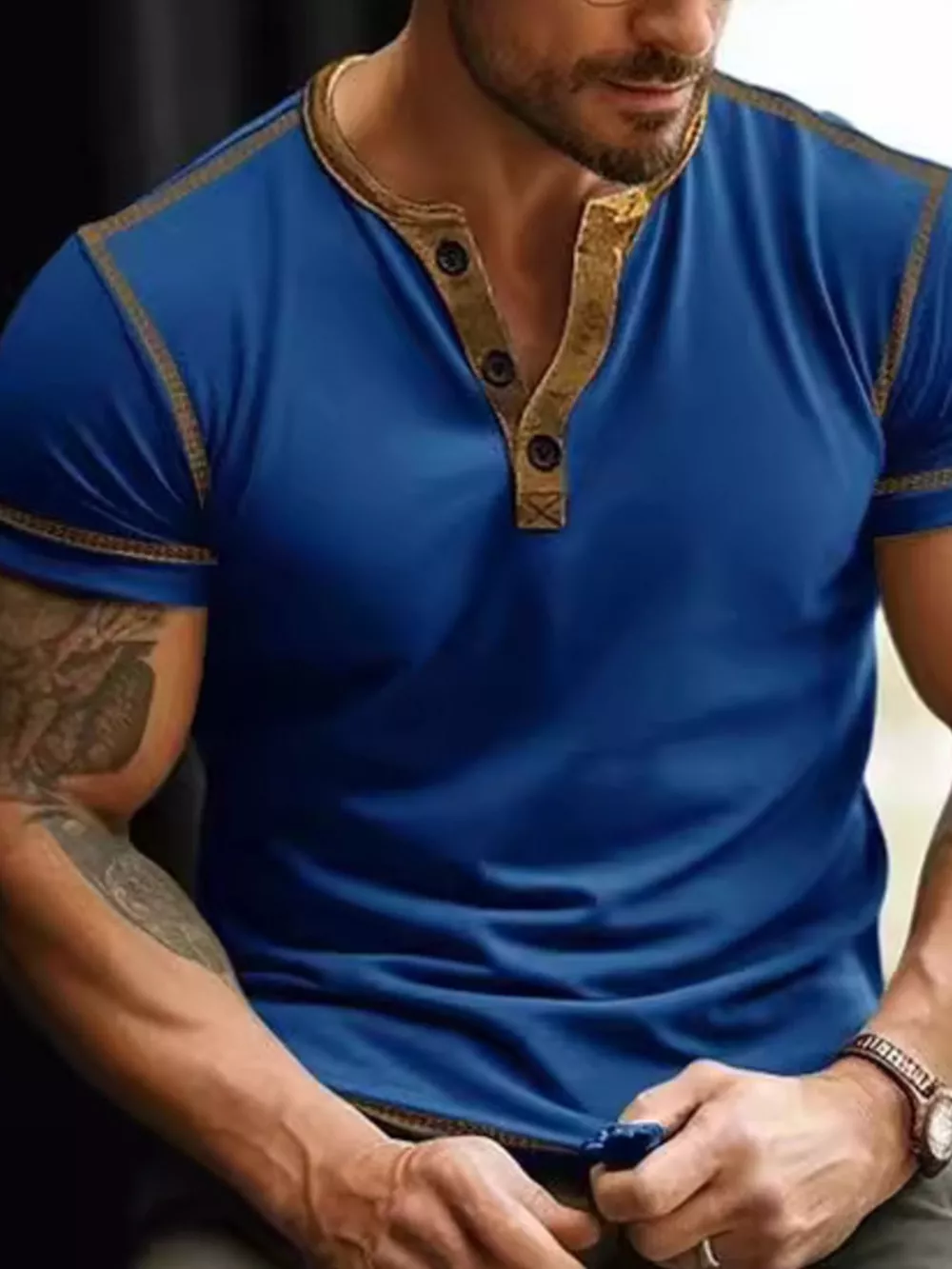 Men's Full Size Button Detail Short Sleeve T-Shirt Plus Size, image 2