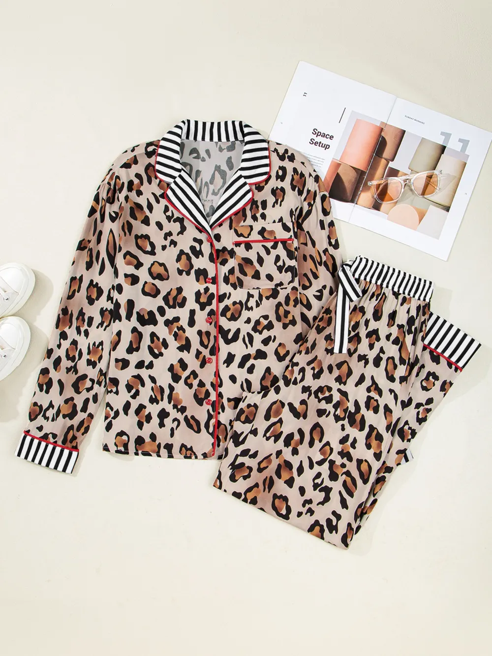Leopard and Striped Trim Shirt and Pants Set, image 4