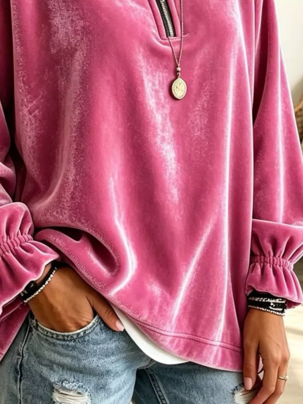 Velvet Quarter-Zip Sweatshirt with Ruffled Cuffs, image 9