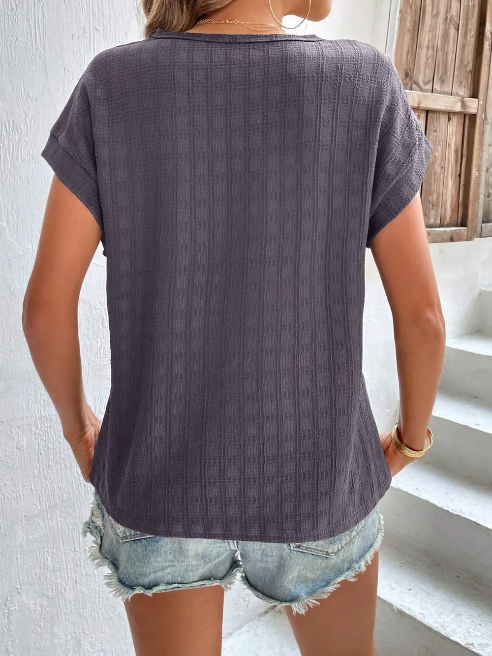 Textured Round Neck Short Sleeve Top, image 7