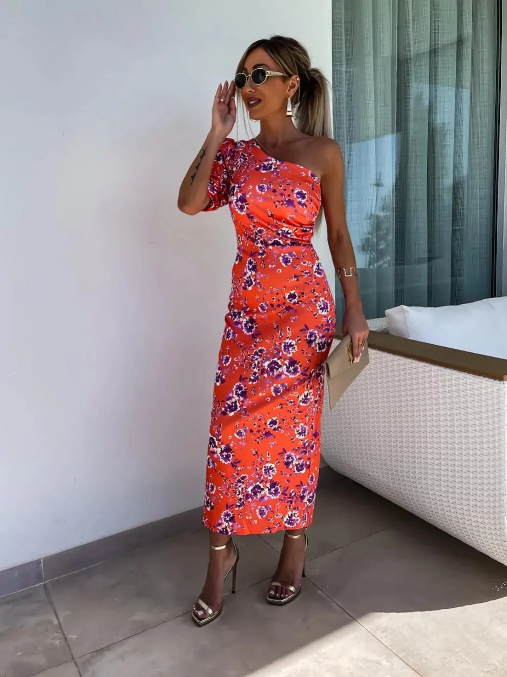 Slit Printed Single Shoulder Midi Dress, image 12