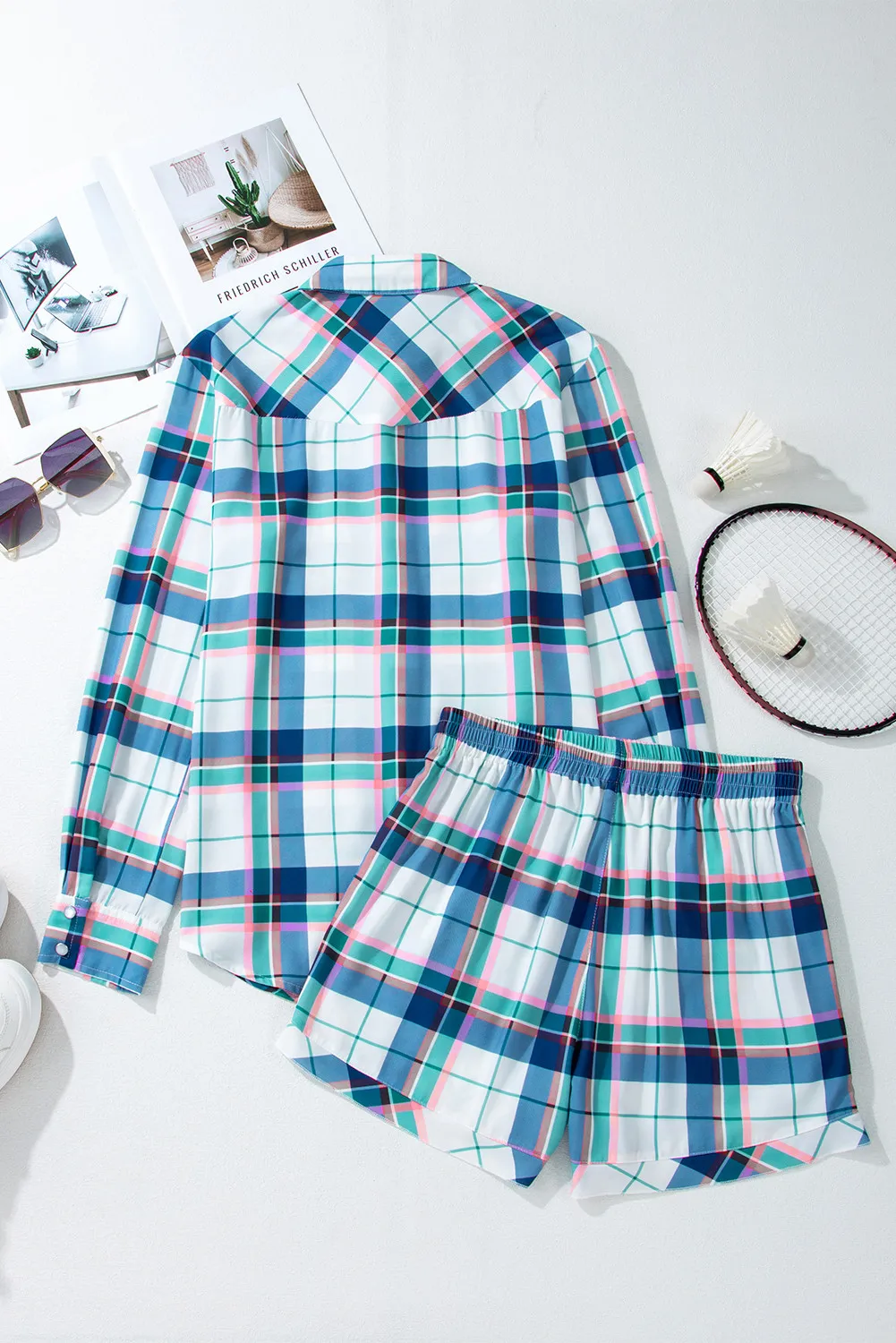 Plaid Snap Down Long Sleeve Top and Shorts Lounge Set, image 2