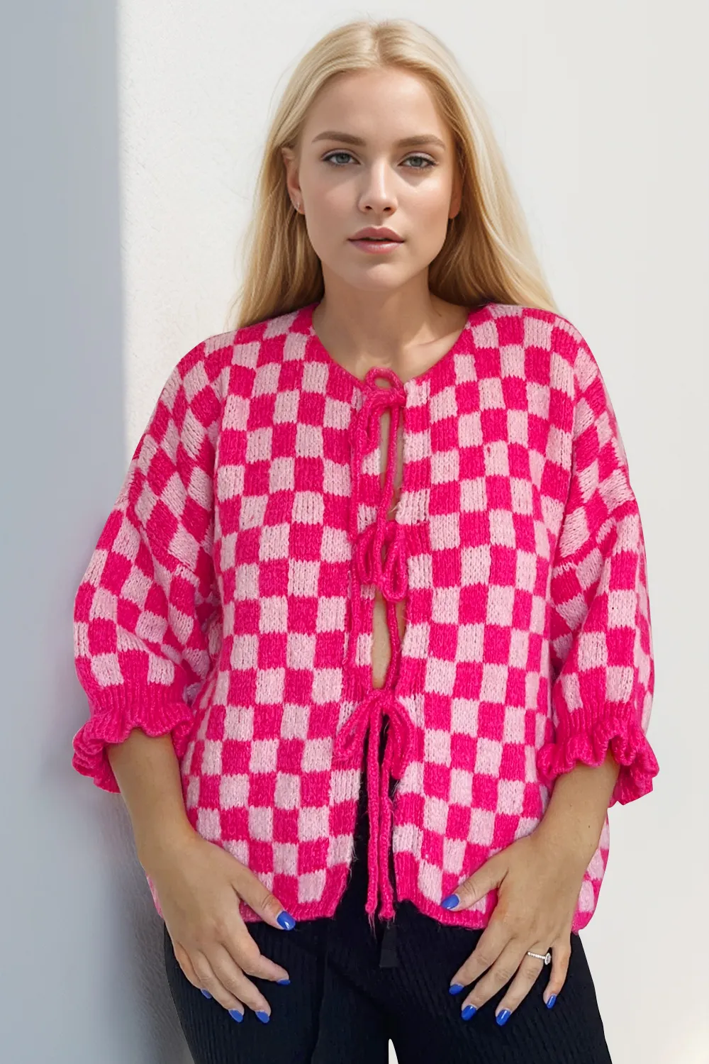 Tied Checkered Dropped Shoulder Flounce Sleeve Cardigan, image 7