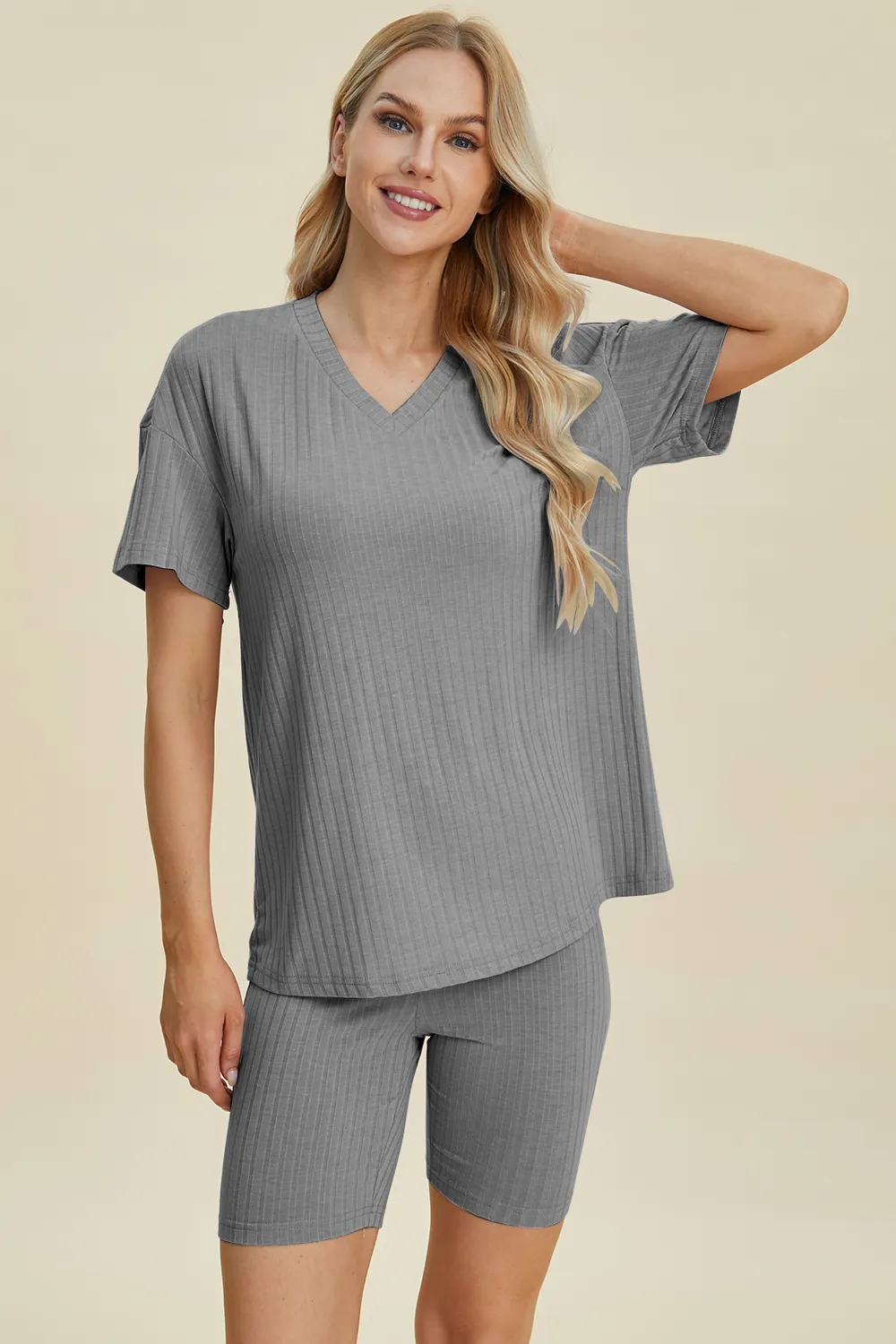 Full Size Ribbed V-Neck Short Sleeve Top and Shorts Set, image 11