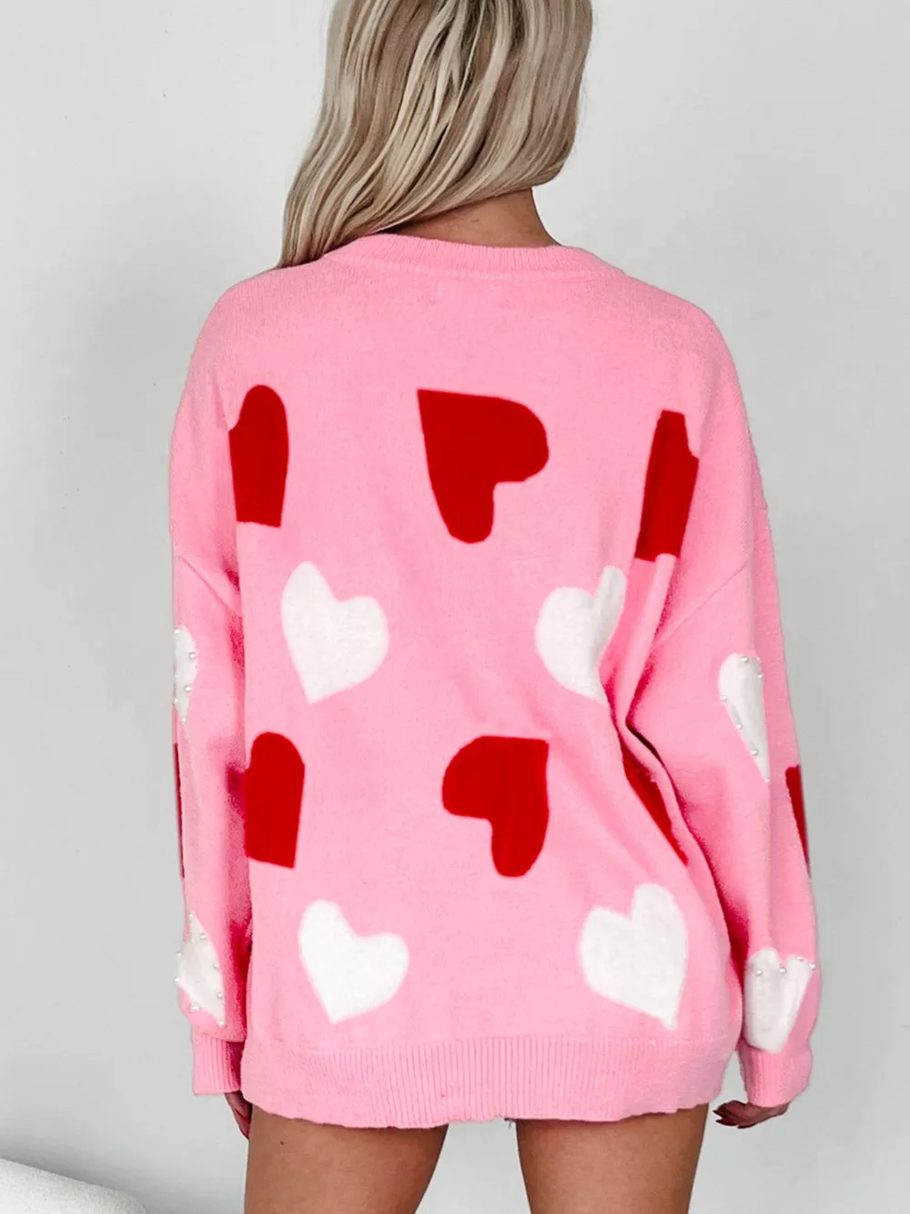 Pearl Embellished Heart Pattern Valentines Day Sweater, image 2