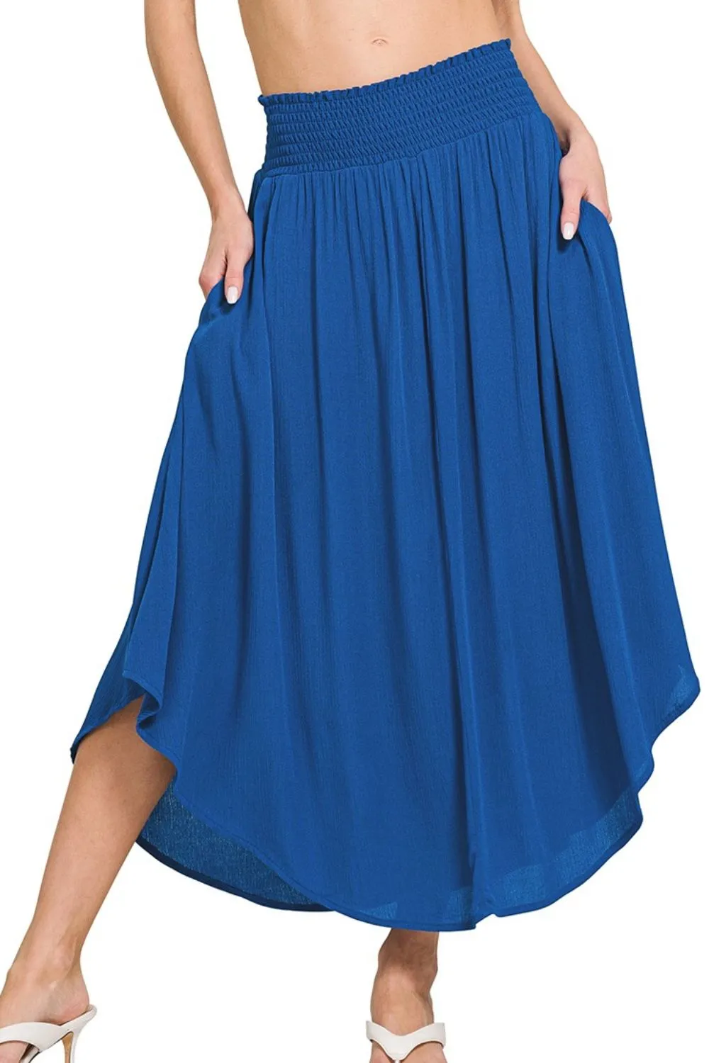 Woven Crinkle Smocked Waist Maxi Skirt W Pockets