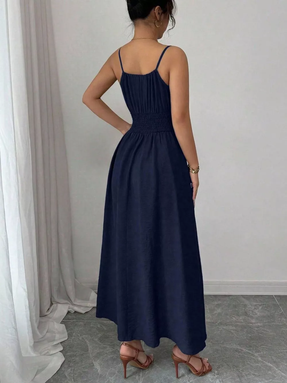 Smocked Spaghetti Strap Midi Dress, image 17