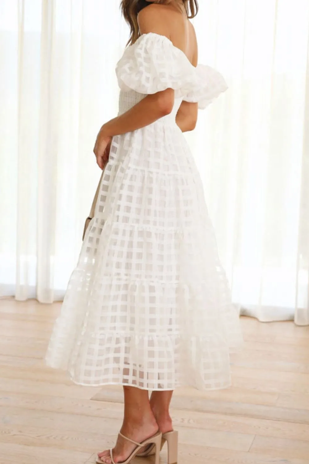 Off Shoulder Short Puff Sleeve Midi Dress, image 11
