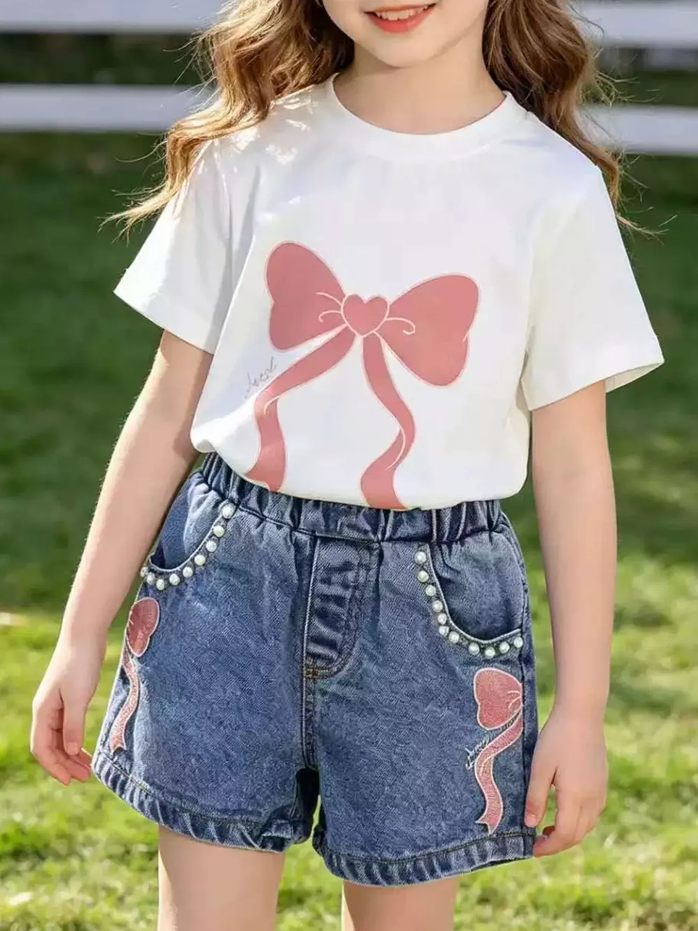 Children's Bowknot T-shirt and Denim Shorts Set, image 2