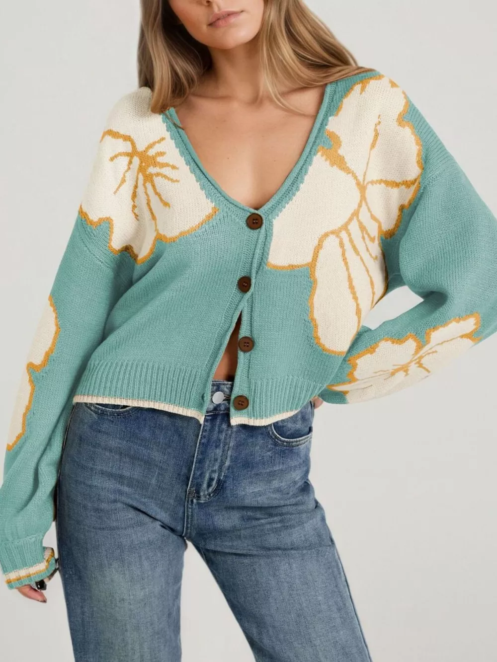 V-Neck Button-Down Knit Cardigan, image 8