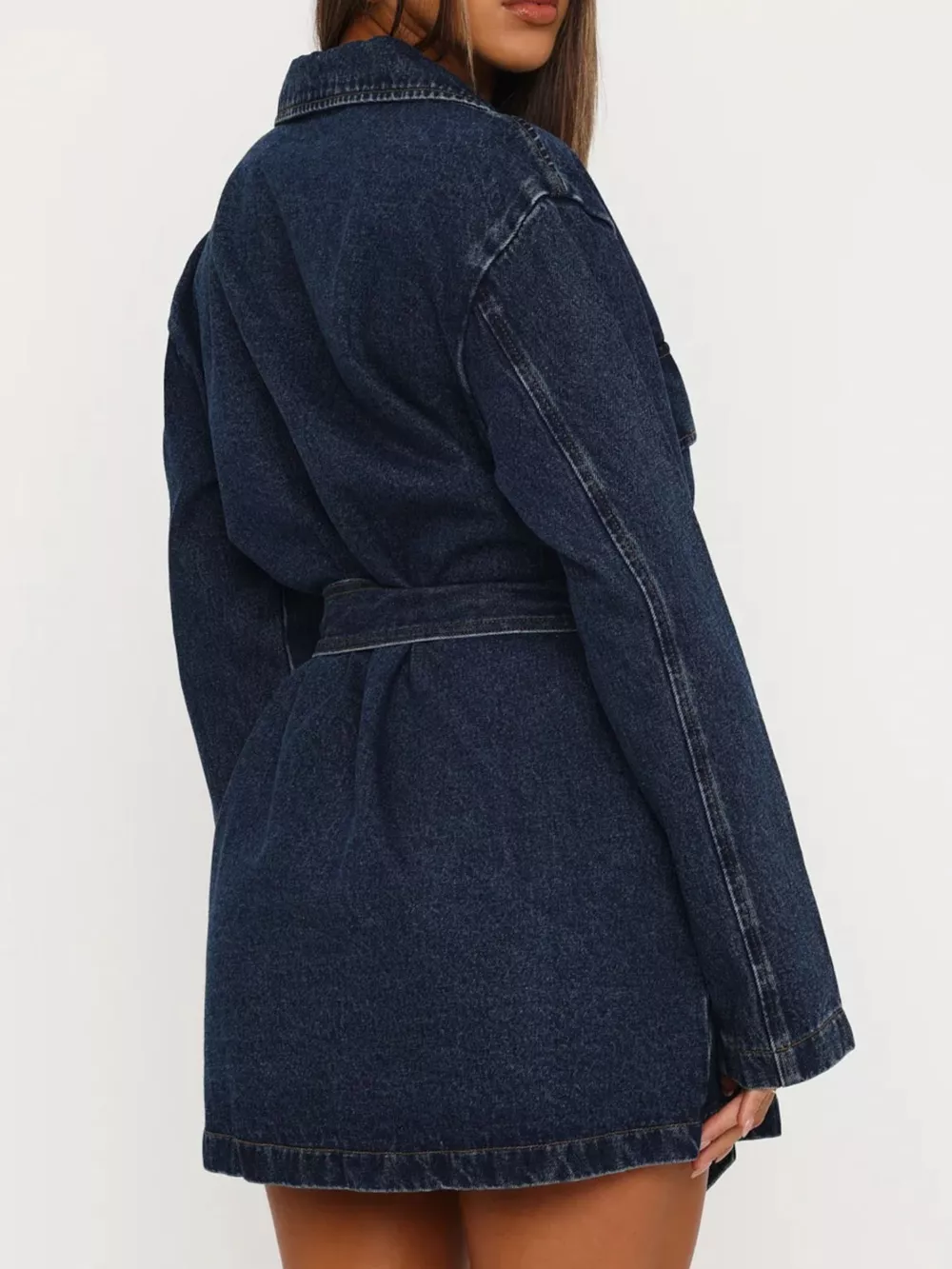 Long Sleeve Longline Denim Jacket with Belt, image 4