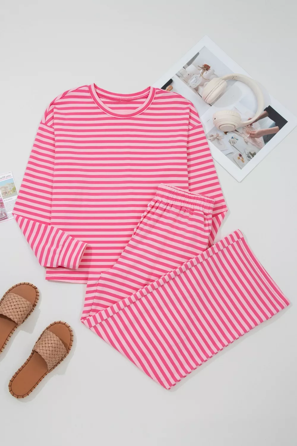 Stripe Drop Shoulder Round Neck Top and Buttoned Straight Pants Two Piece Set, image 7