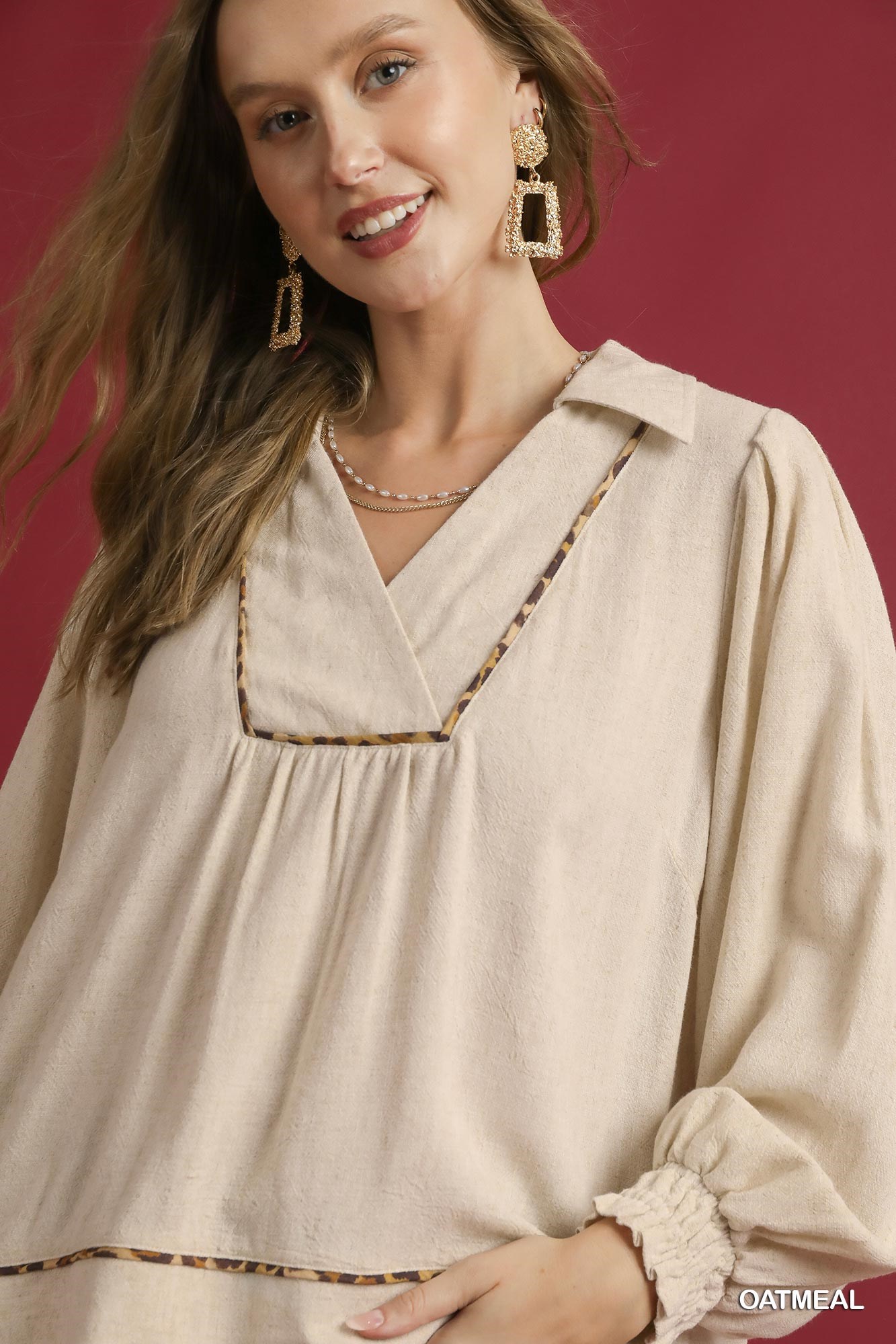 Full Size Linen Scallop Hem Blouse with Contrast Trim Plus Size, image 5