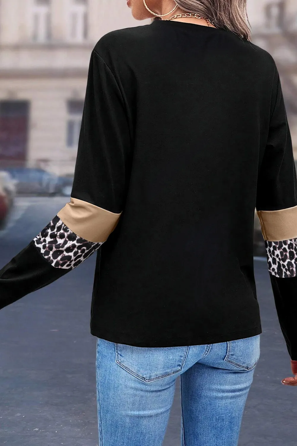 Leopard Round Neck Long Sleeve Blouse, image 4