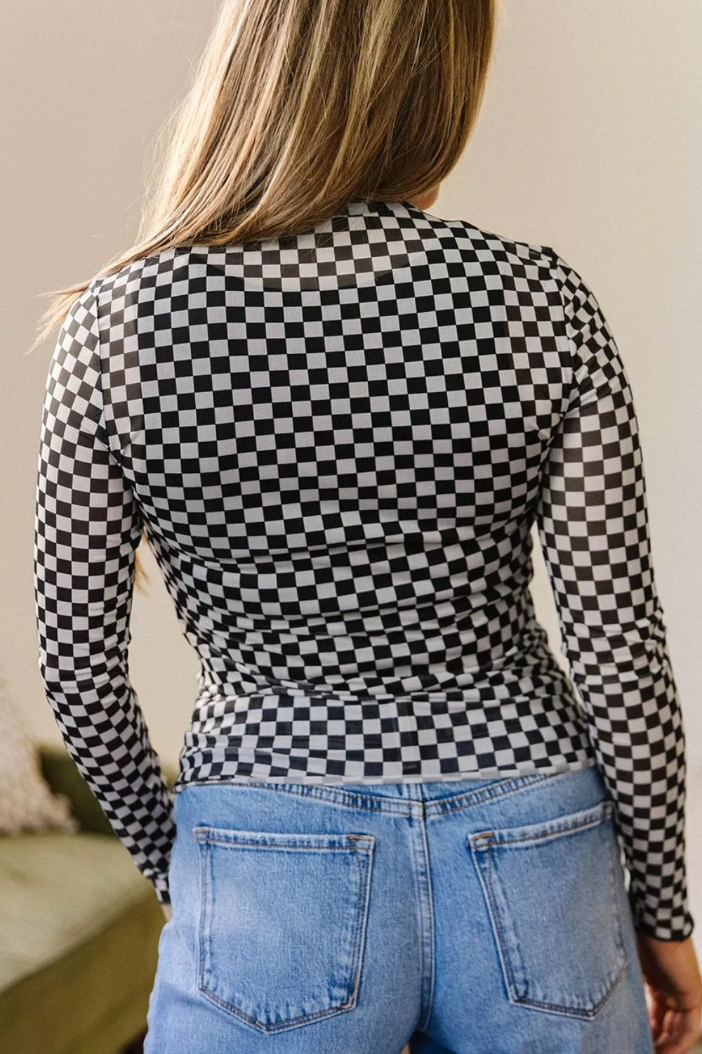 Plaid Stand Neck Long Sleeve Mesh Top, image 2