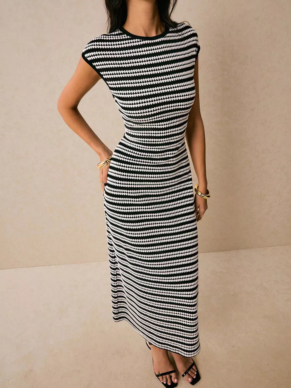 Striped Cap Sleeve Bodycon Midi Dress, image 10
