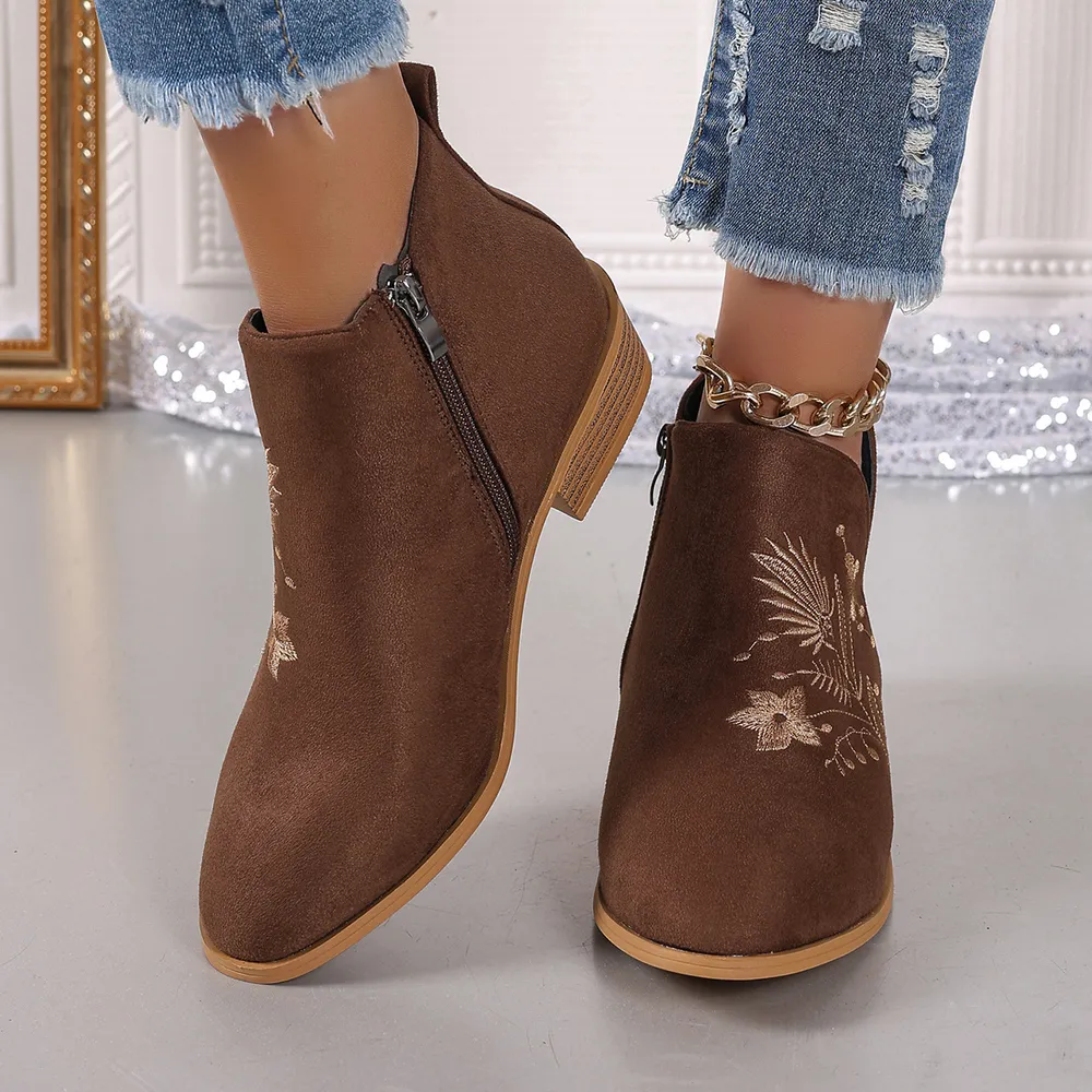 Embroidered Suede Point Toe Block Heel Boots, image 3