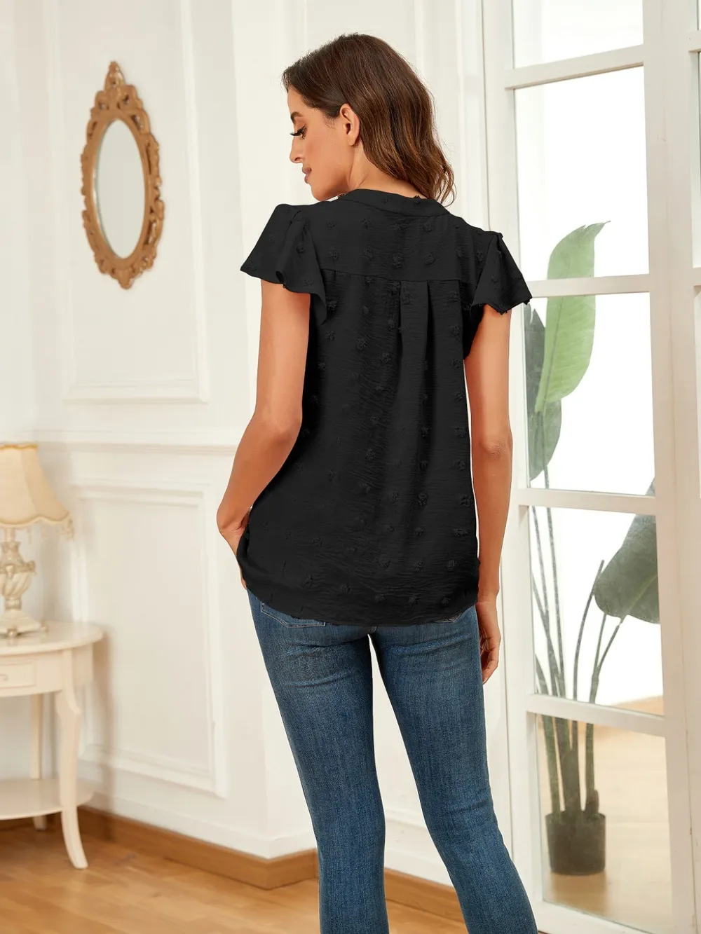 Swiss Dot Notched Cap Sleeve Blouse, image 8