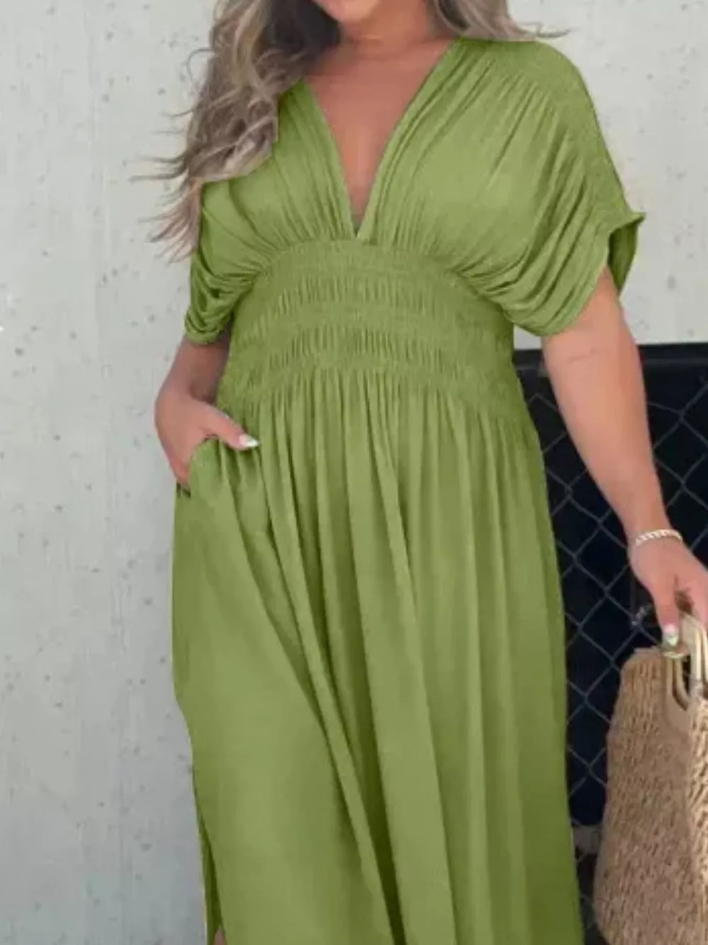 Full Size Slit V-Neck Smocked Waist Maxi Dress Plus Size, image 19